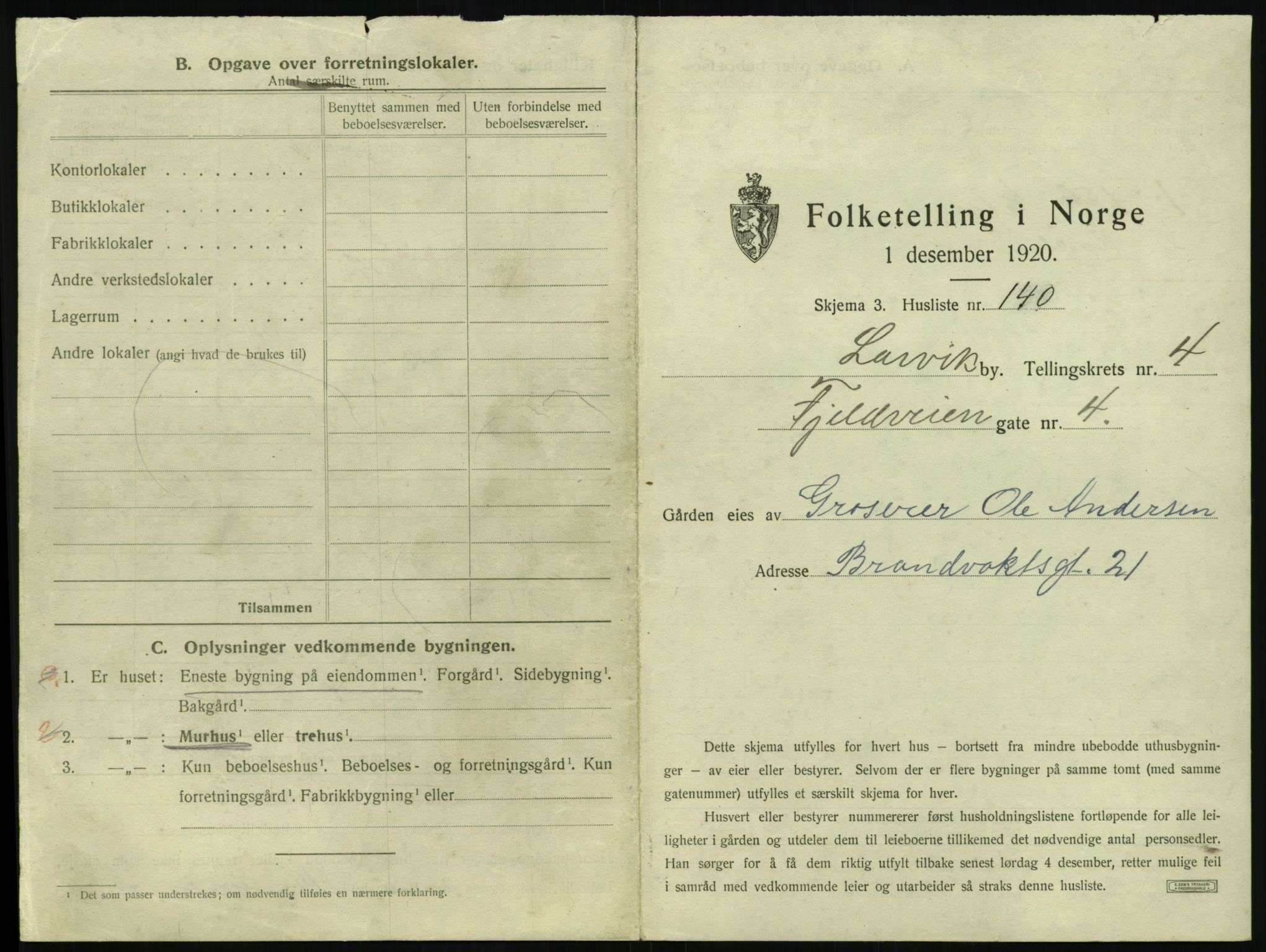 SAKO, 1920 census for Larvik, 1920, p. 1044