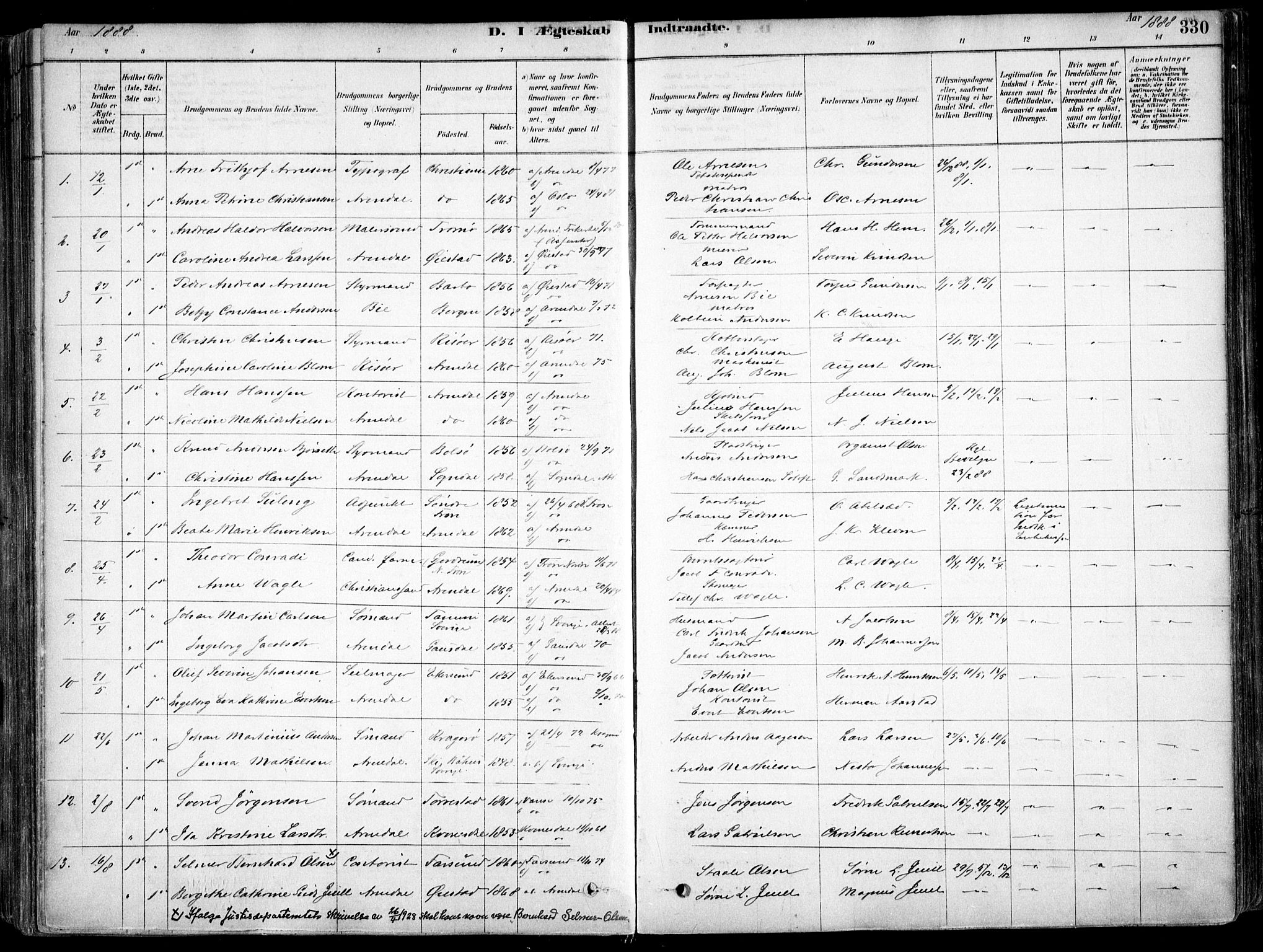 Arendal sokneprestkontor, Trefoldighet, SAK/1111-0040/F/Fa/L0008: Parish register (official) no. A 8, 1878-1899, p. 330