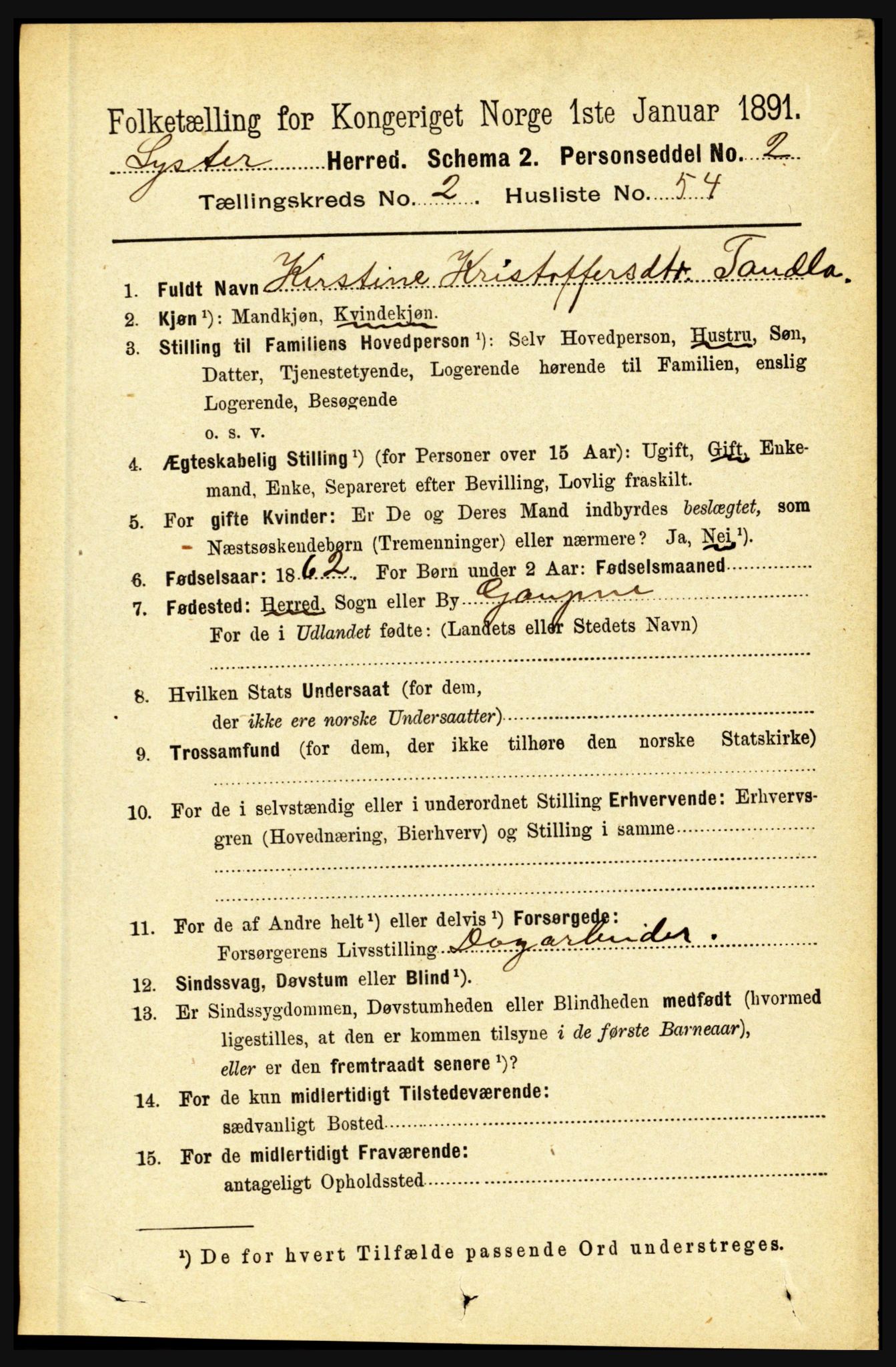 RA, 1891 census for 1426 Luster, 1891, p. 1088