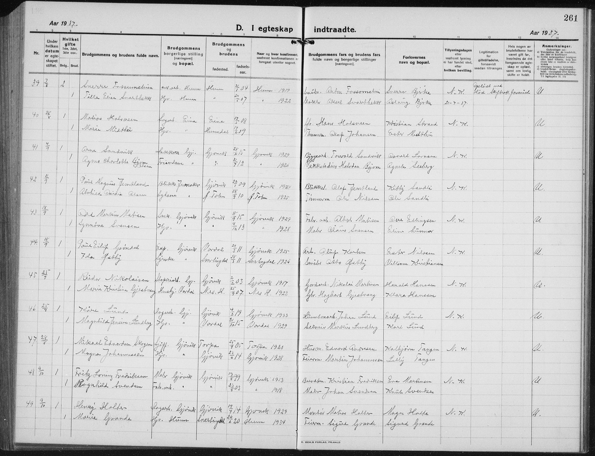 Vardal prestekontor, AV/SAH-PREST-100/H/Ha/Hab/L0017: Parish register (copy) no. 17, 1922-1941, p. 261