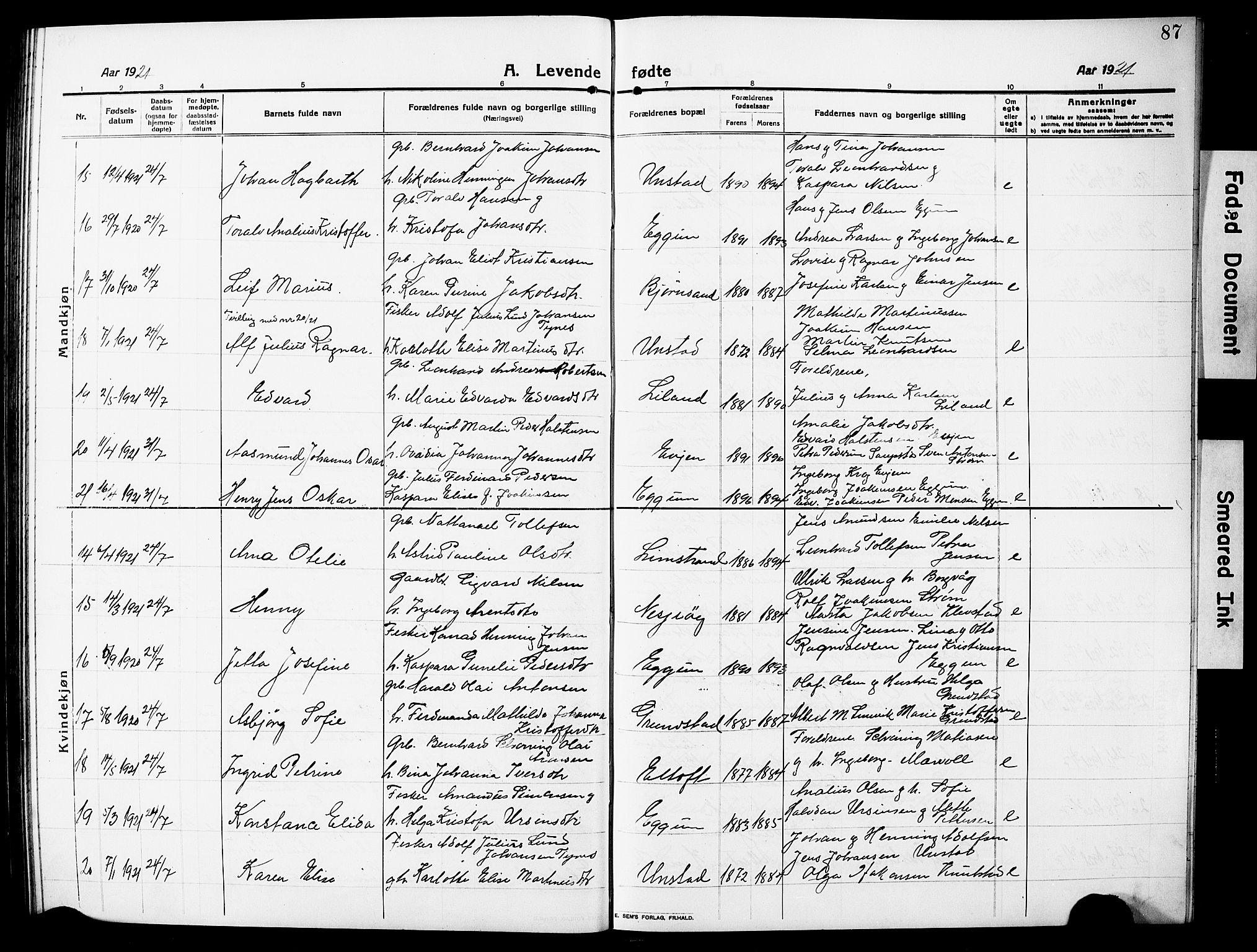 Ministerialprotokoller, klokkerbøker og fødselsregistre - Nordland, AV/SAT-A-1459/880/L1142: Parish register (copy) no. 880C04, 1913-1930, p. 87