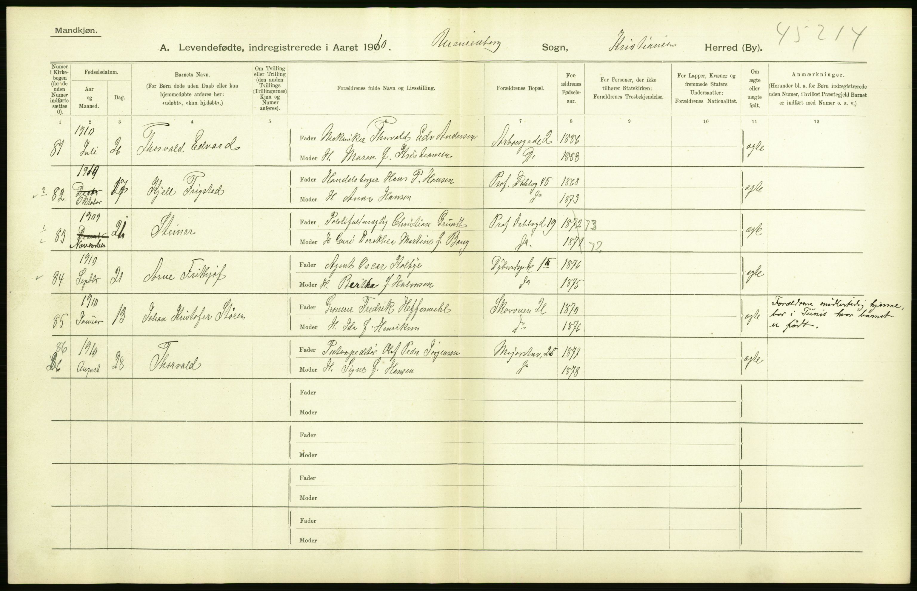 Statistisk sentralbyrå, Sosiodemografiske emner, Befolkning, RA/S-2228/D/Df/Dfa/Dfah/L0006: Kristiania: Levendefødte menn., 1910, p. 530