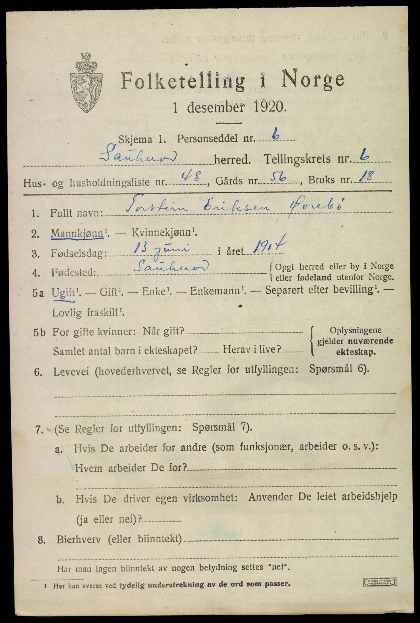 SAKO, 1920 census for Sauherad, 1920, p. 5581