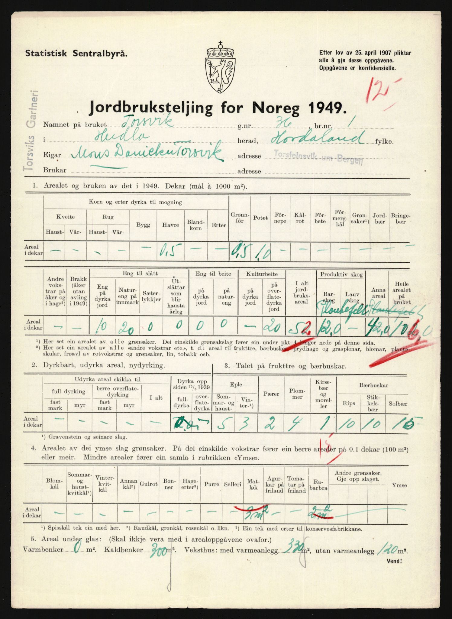 Statistisk sentralbyrå, Næringsøkonomiske emner, Jordbruk, skogbruk, jakt, fiske og fangst, AV/RA-S-2234/G/Gc/L0276: Hordaland: Herdla og Hjelme, 1949, p. 1086