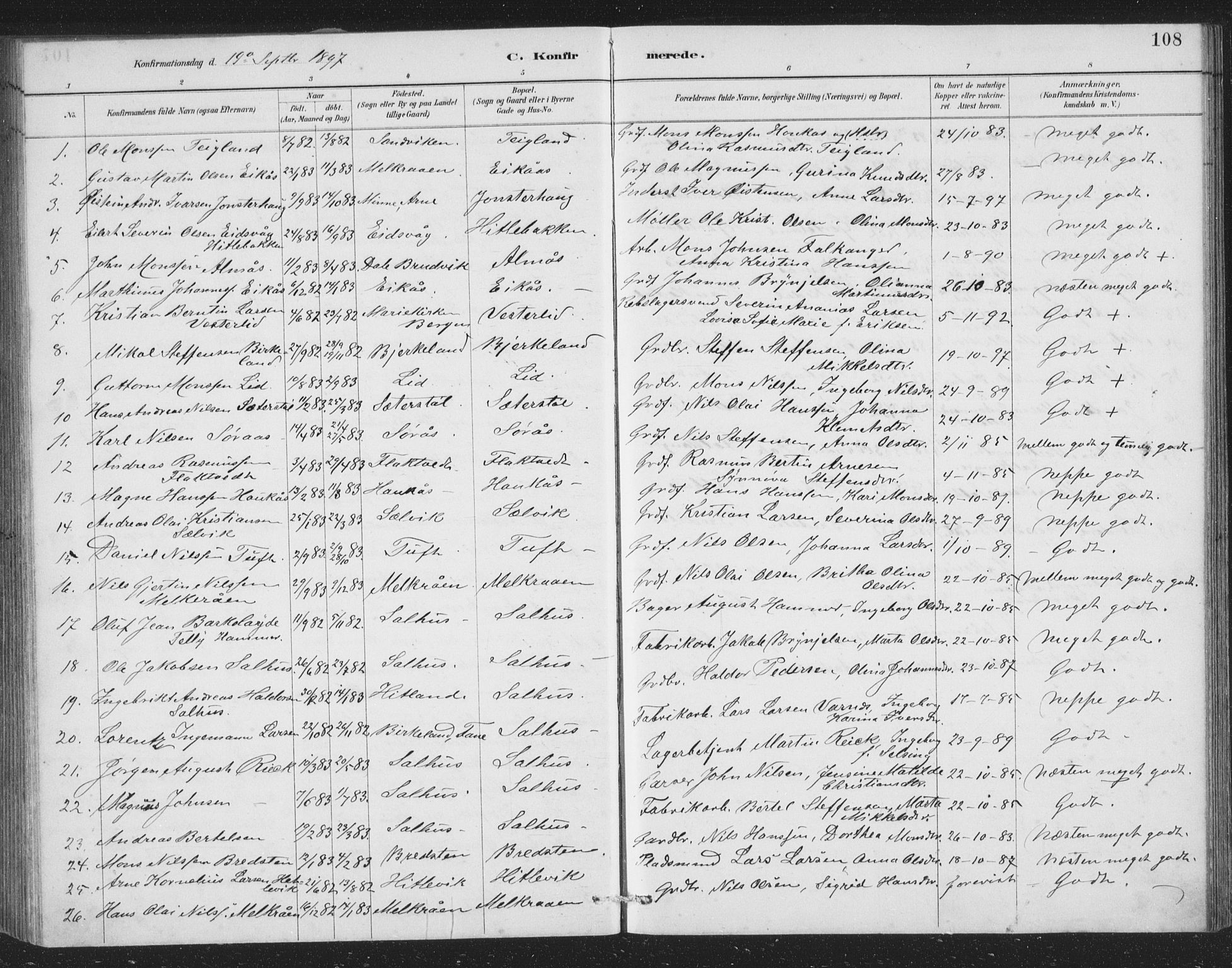Åsane sokneprestembete, AV/SAB-A-79401/H/Hab: Parish register (copy) no. A 2, 1885-1898, p. 108