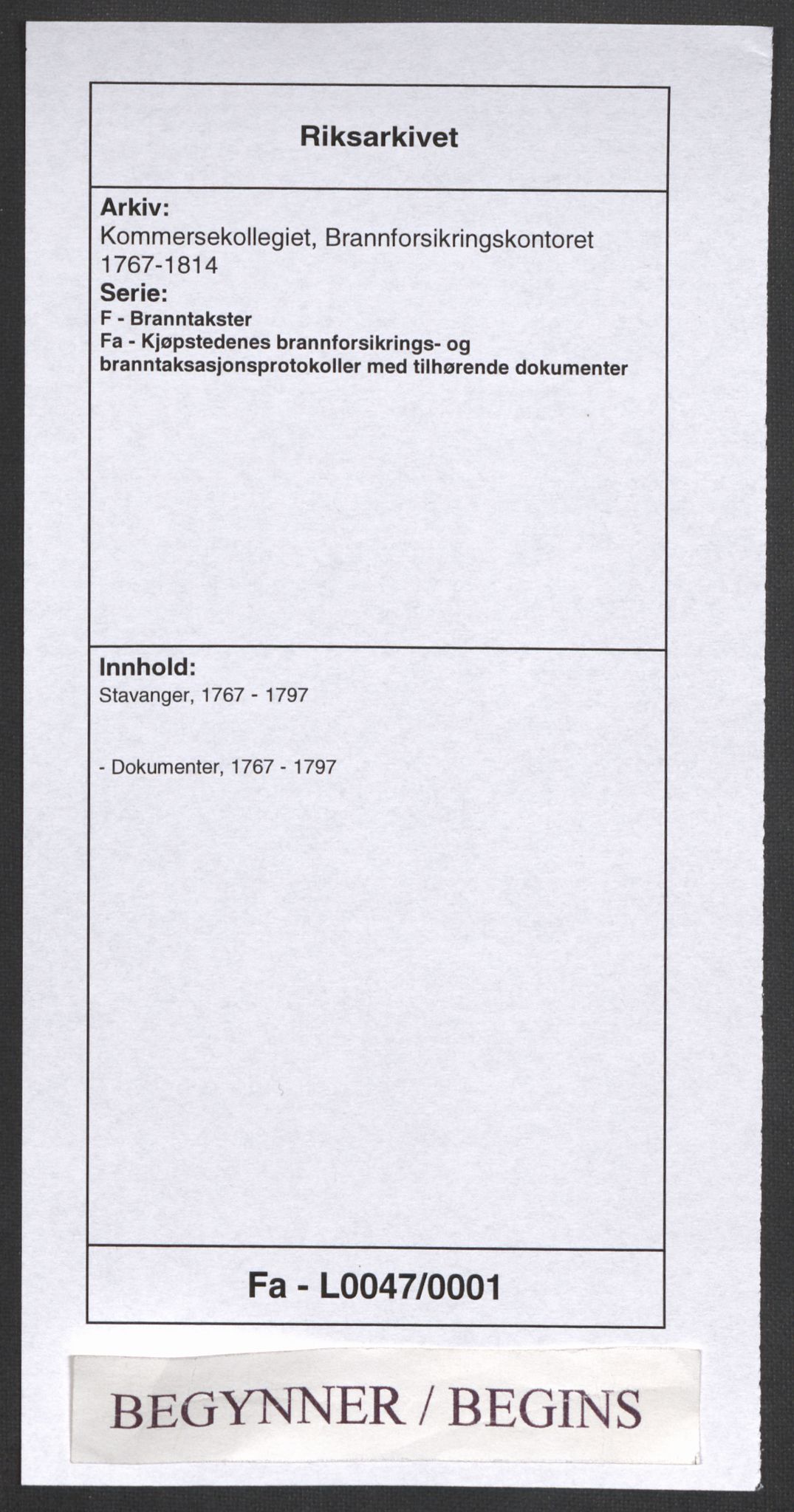 Kommersekollegiet, Brannforsikringskontoret 1767-1814, RA/EA-5458/F/Fa/L0047/0001: Stavanger / Dokumenter, 1767-1797