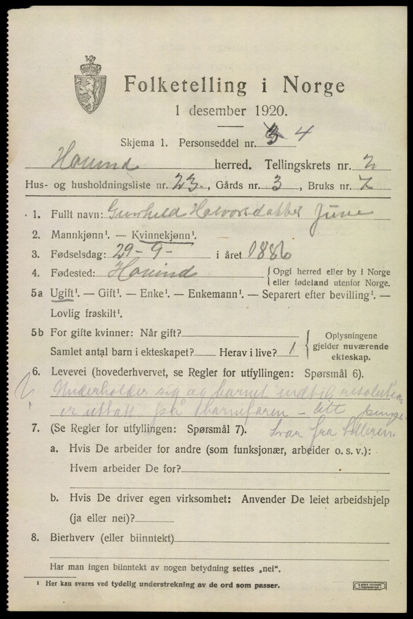 SAKO, 1920 census for Hovin, 1920, p. 981