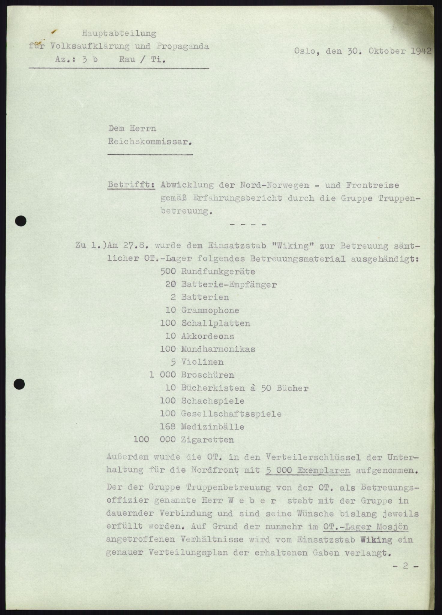 Forsvarets Overkommando. 2 kontor. Arkiv 11.4. Spredte tyske arkivsaker, AV/RA-RAFA-7031/D/Dar/Darb/L0010: Reichskommissariat - Hauptabteilung Volksaufklärung und Propaganda, 1940-1943, p. 645