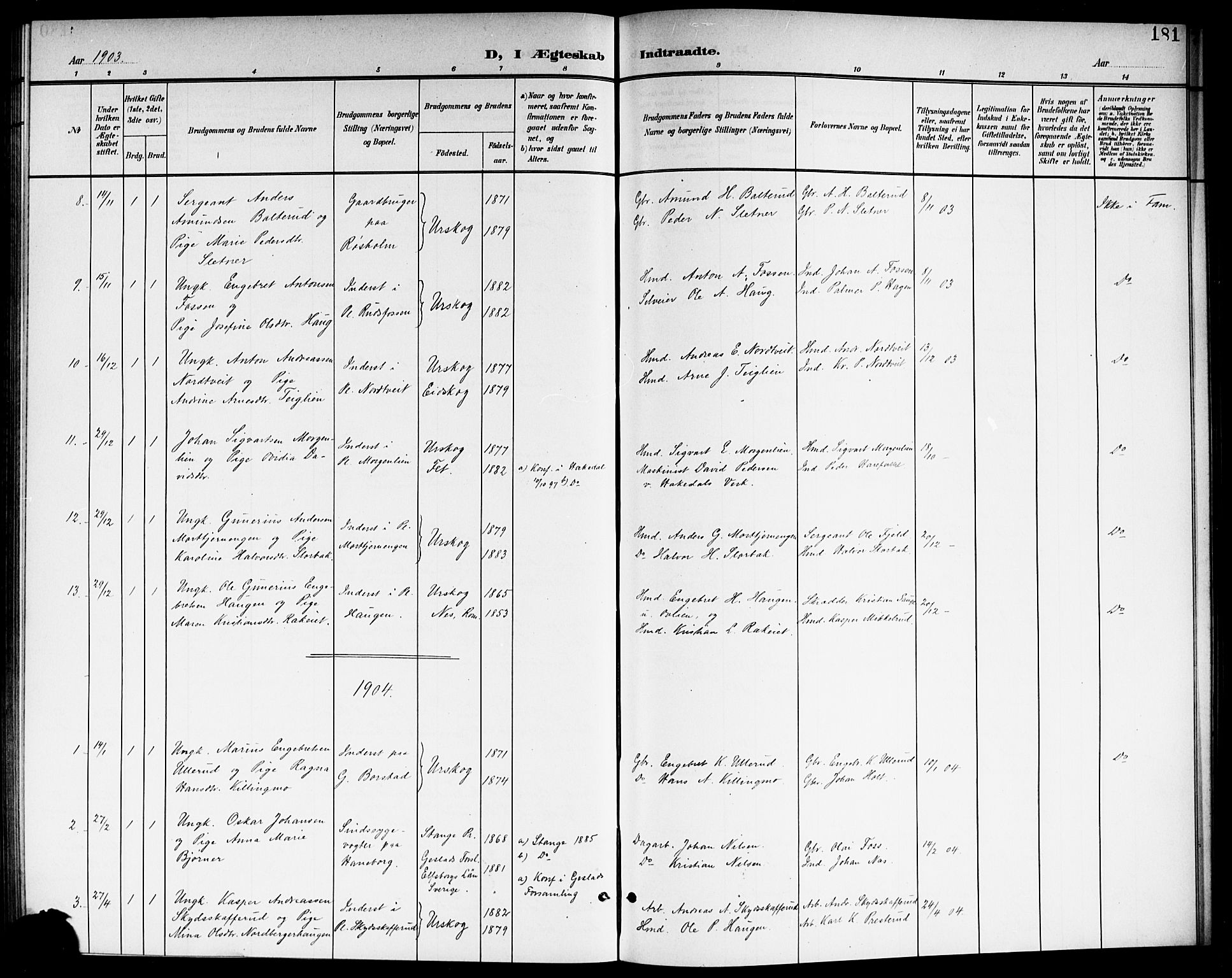 Aurskog prestekontor Kirkebøker, SAO/A-10304a/G/Ga/L0004: Parish register (copy) no. I 4, 1901-1921, p. 181