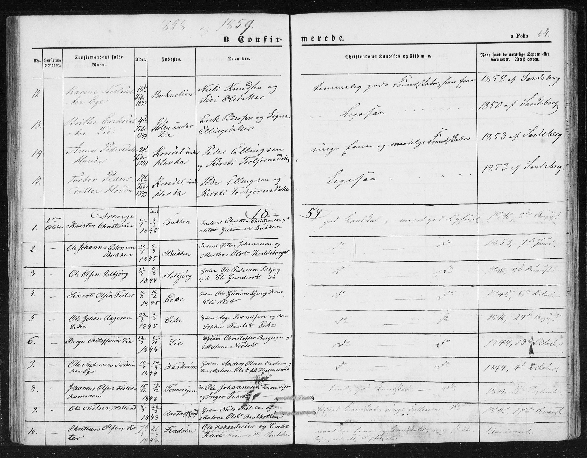 Hjelmeland sokneprestkontor, AV/SAST-A-101843/01/IV/L0010: Parish register (official) no. A 10, 1851-1871, p. 64