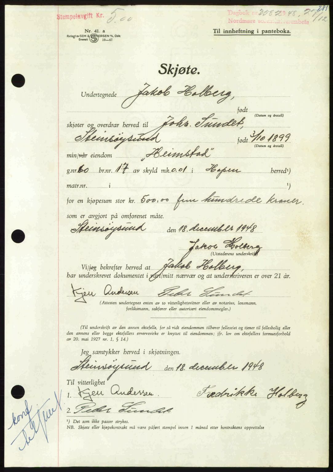 Nordmøre sorenskriveri, AV/SAT-A-4132/1/2/2Ca: Mortgage book no. A110, 1948-1949, Diary no: : 3582/1948