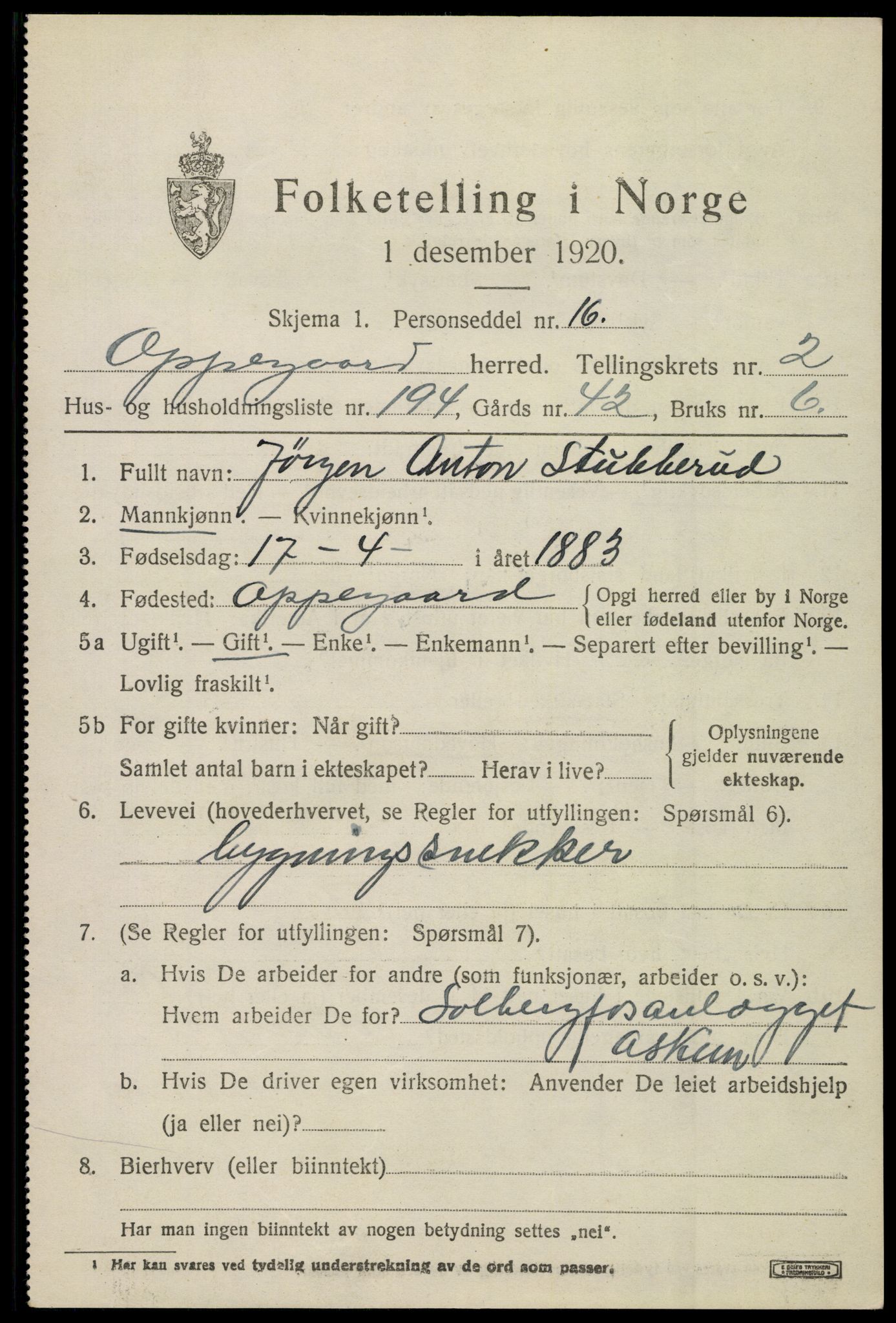 SAO, 1920 census for Oppegård, 1920, p. 4347