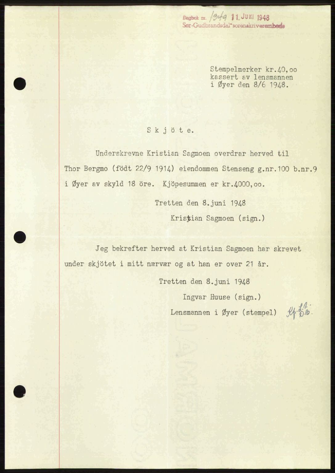 Sør-Gudbrandsdal tingrett, SAH/TING-004/H/Hb/Hbd/L0022: Mortgage book no. A22, 1948-1948, Diary no: : 1349/1948