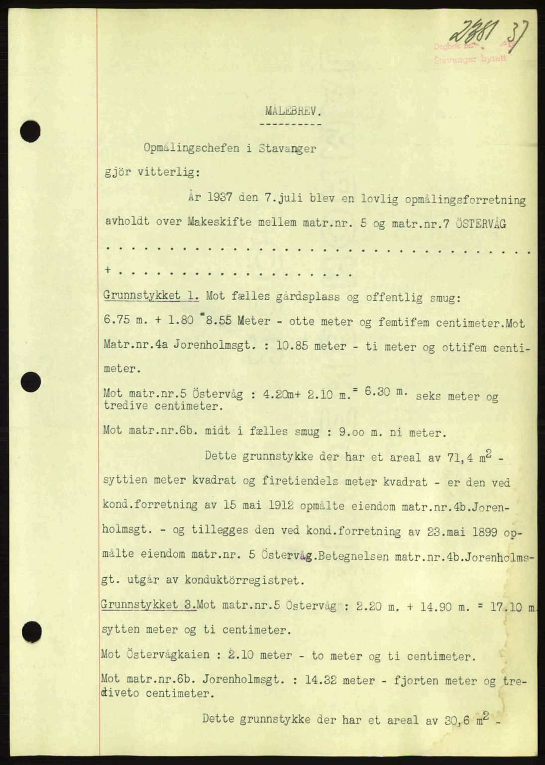 Stavanger byrett, SAST/A-100455/002/G/Gb/L0013: Mortgage book no. A3, 1937-1938, Diary no: : 2381/1937