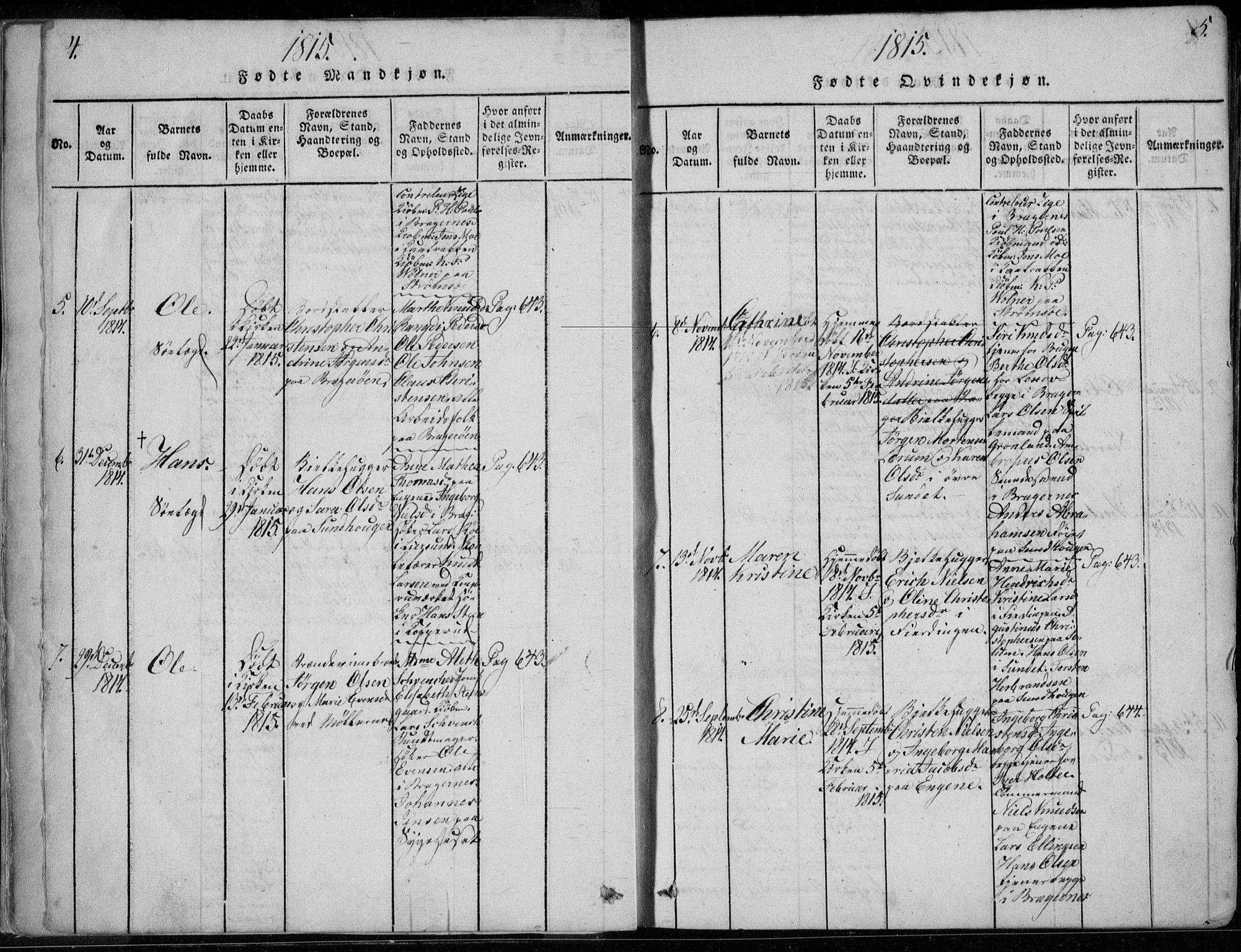 Bragernes kirkebøker, AV/SAKO-A-6/F/Fa/L0007: Parish register (official) no. I 7, 1815-1829, p. 4-5