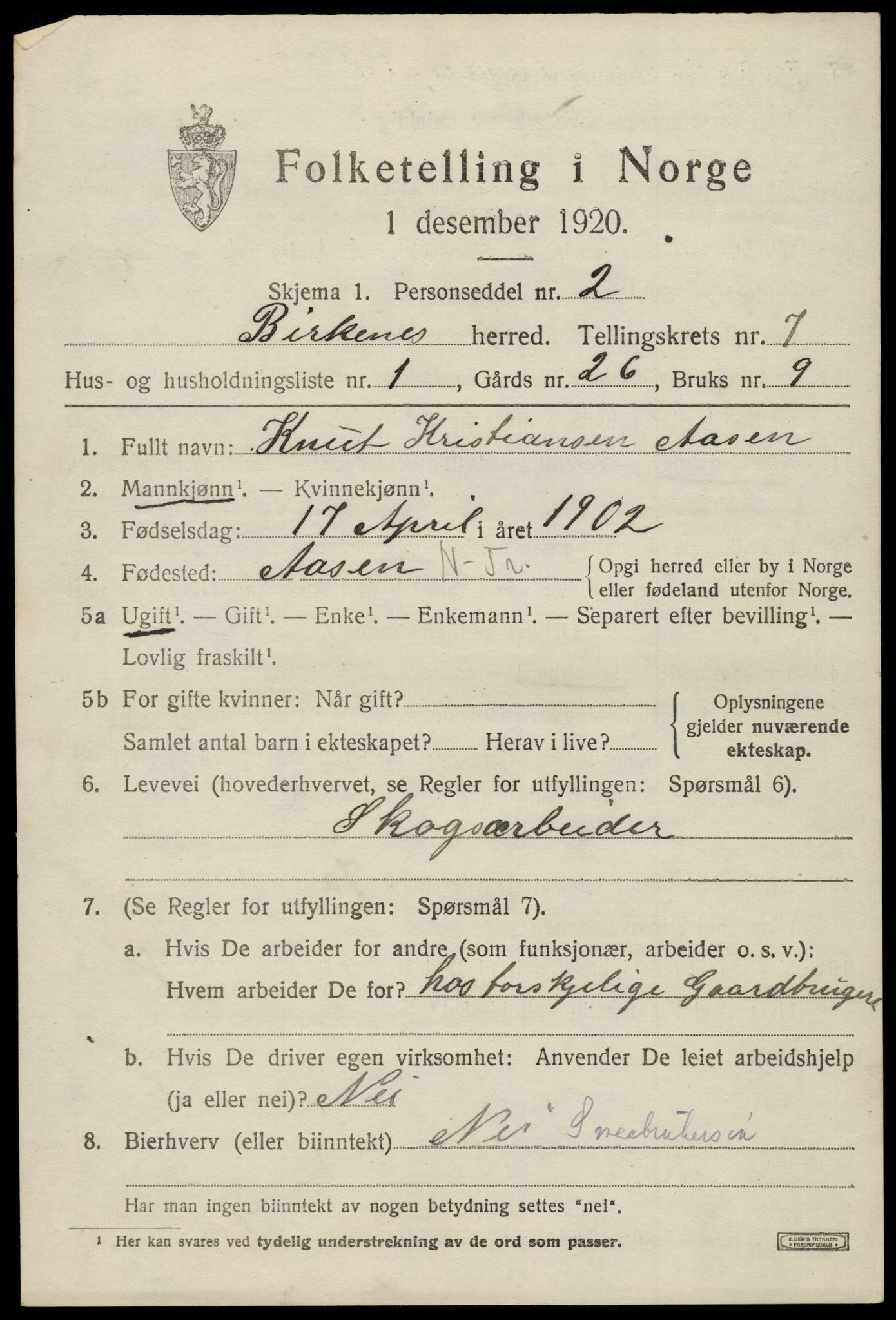 SAK, 1920 census for Birkenes, 1920, p. 4003