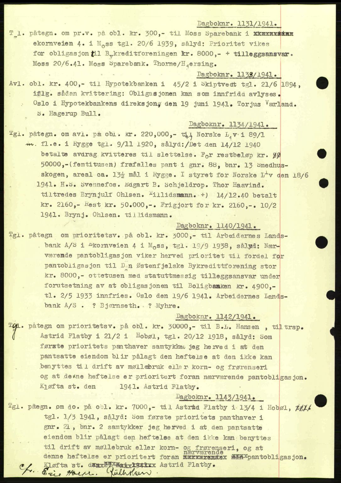 Moss sorenskriveri, SAO/A-10168: Mortgage book no. B10, 1940-1941, Diary no: : 1131/1941