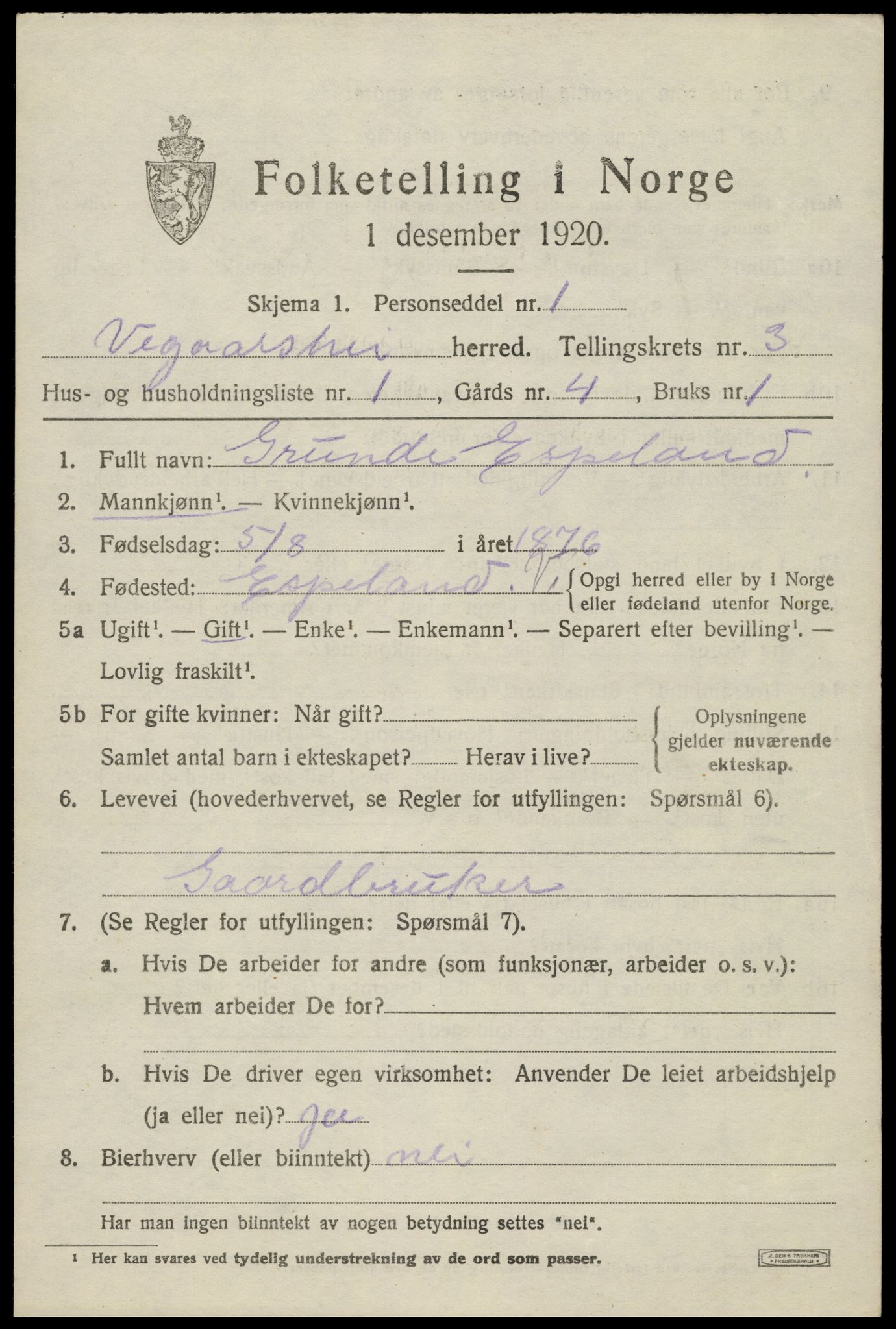 SAK, 1920 census for Vegårshei, 1920, p. 1508