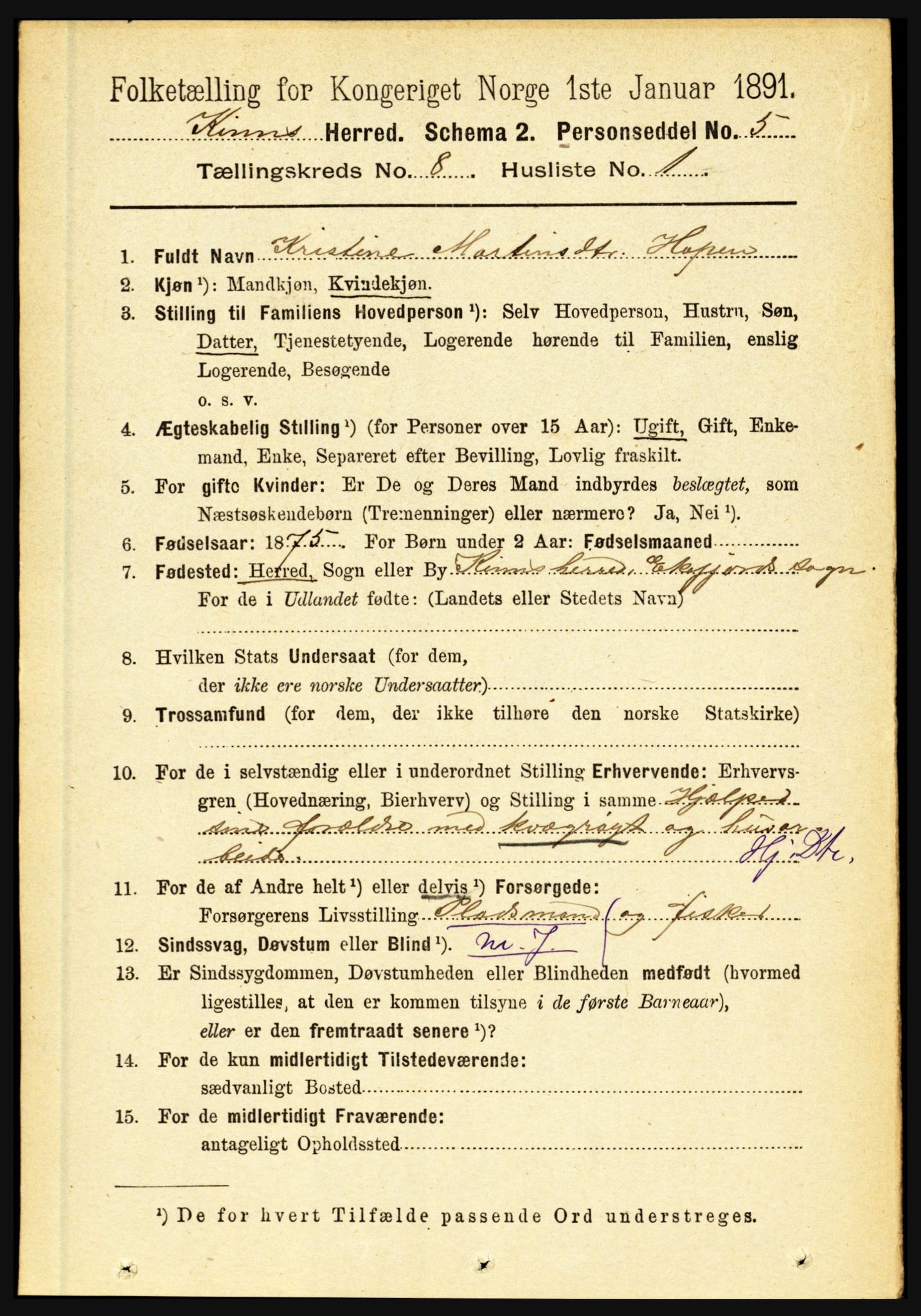 RA, 1891 census for 1437 Kinn, 1891, p. 3110