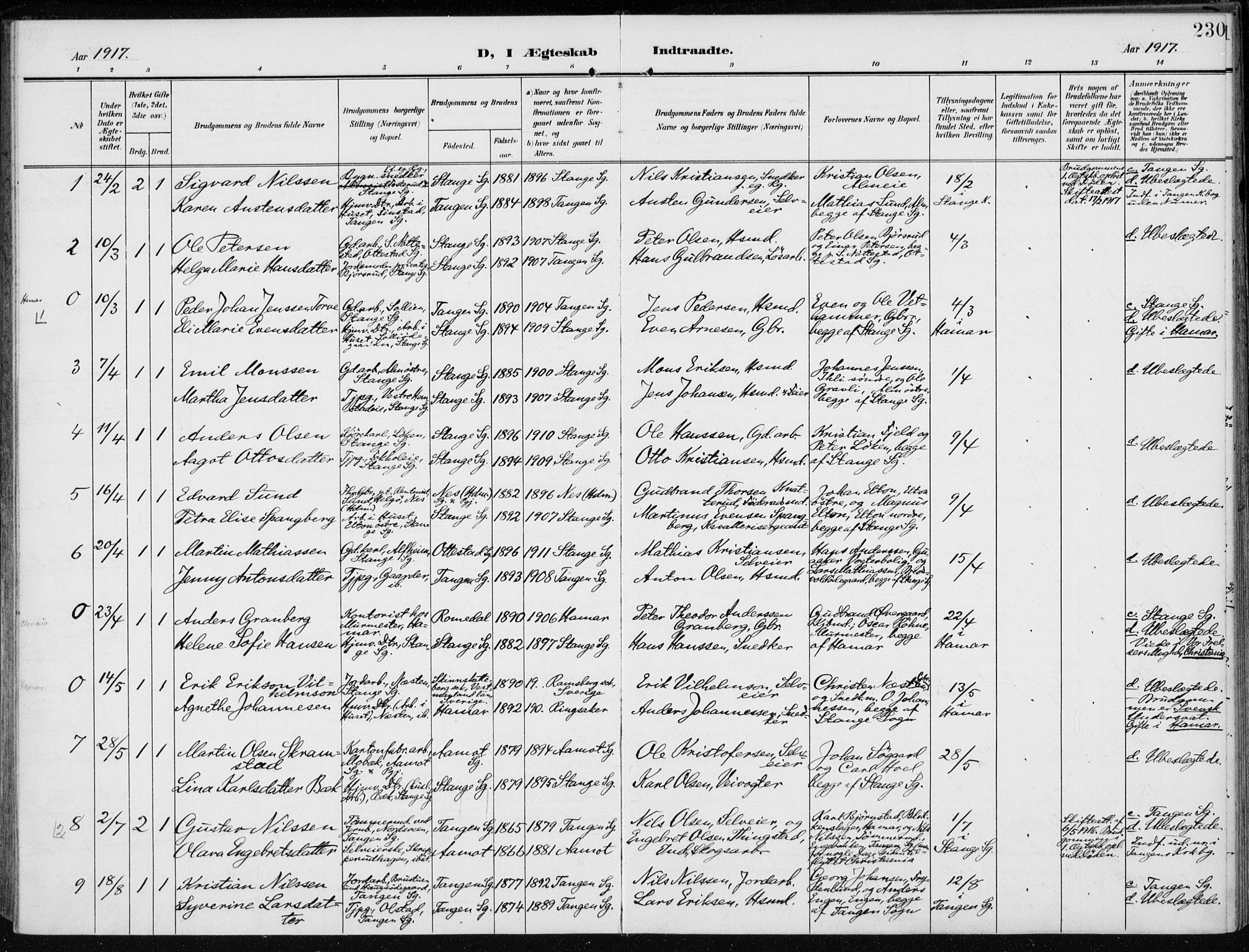 Stange prestekontor, SAH/PREST-002/K/L0024: Parish register (official) no. 24, 1906-1922, p. 230