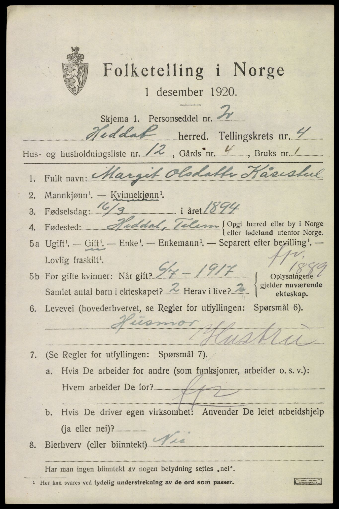 SAKO, 1920 census for Heddal, 1920, p. 4574