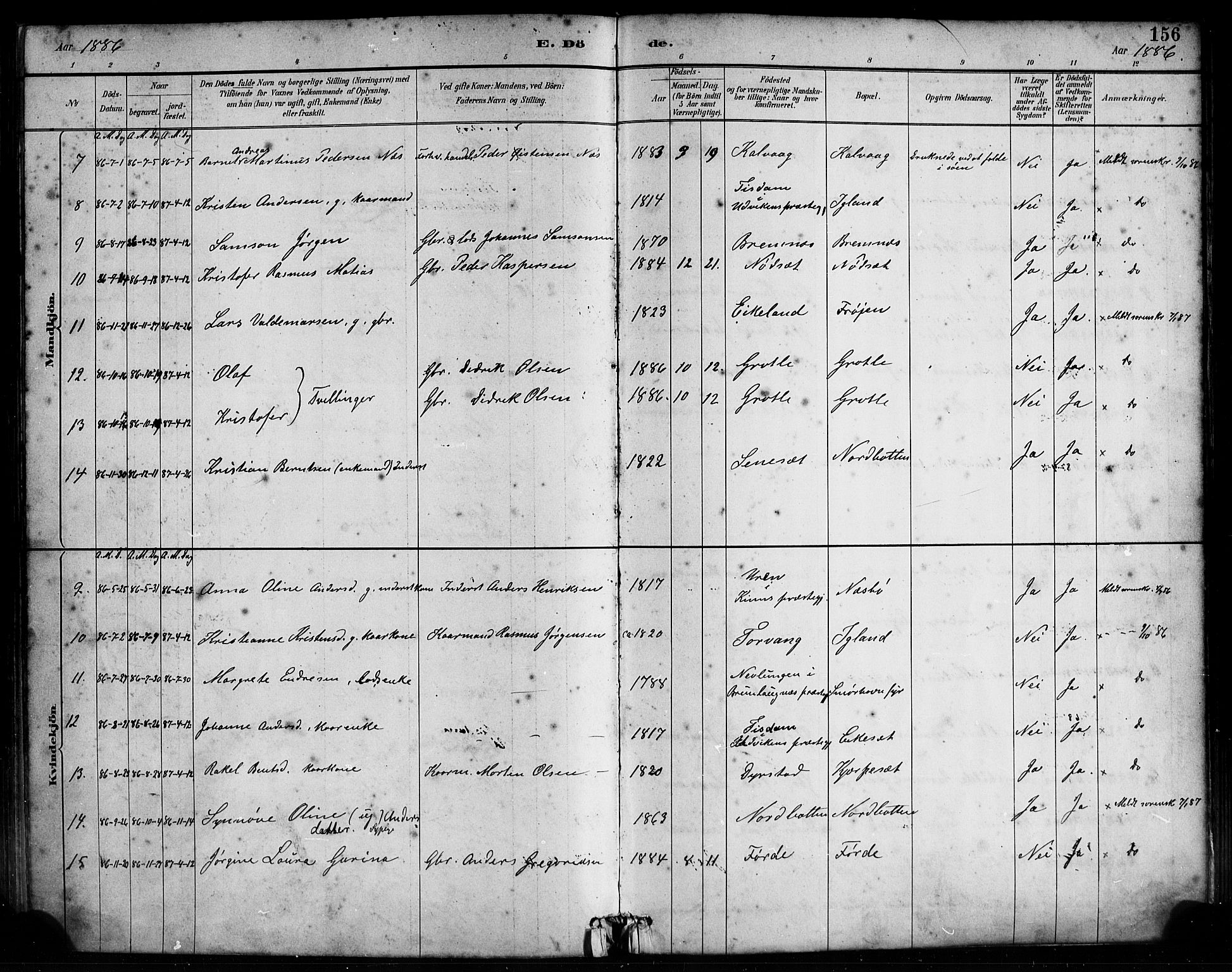 Bremanger sokneprestembete, SAB/A-82201/H/Haa/Haab/L0001: Parish register (official) no. B 1, 1884-1895, p. 156