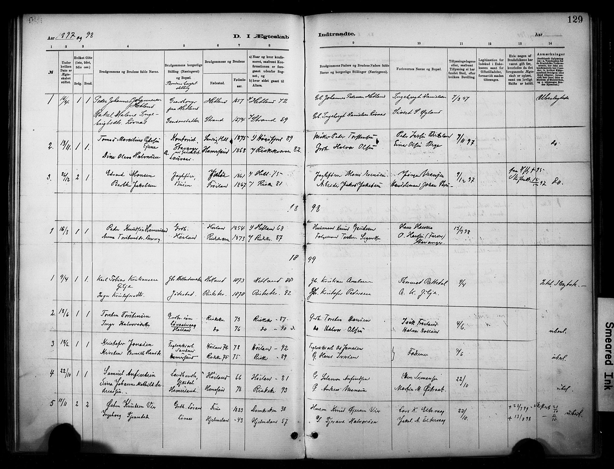 Hetland sokneprestkontor, AV/SAST-A-101826/30/30BA/L0010: Parish register (official) no. A 10, 1882-1925, p. 129