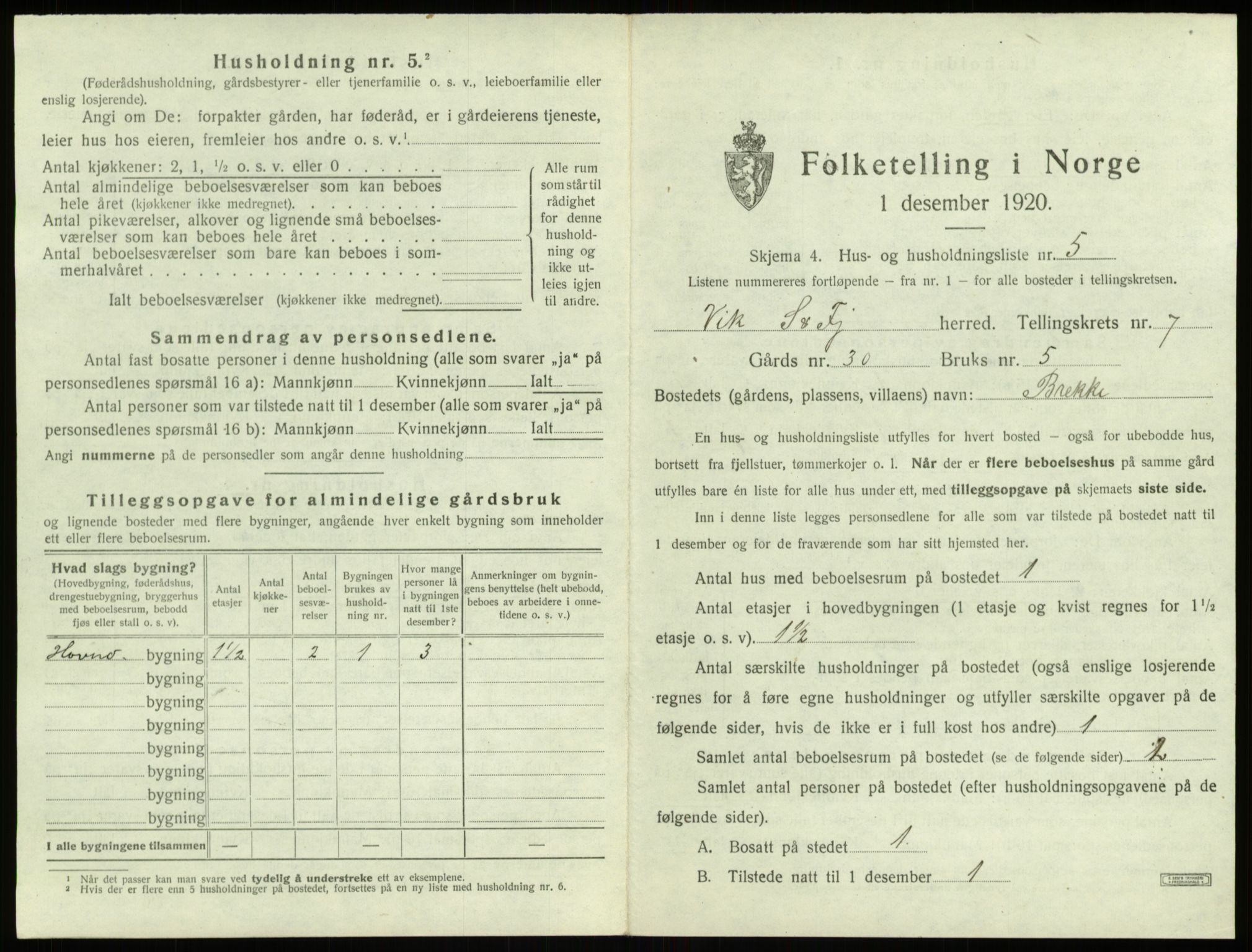 SAB, 1920 census for Vik, 1920, p. 765