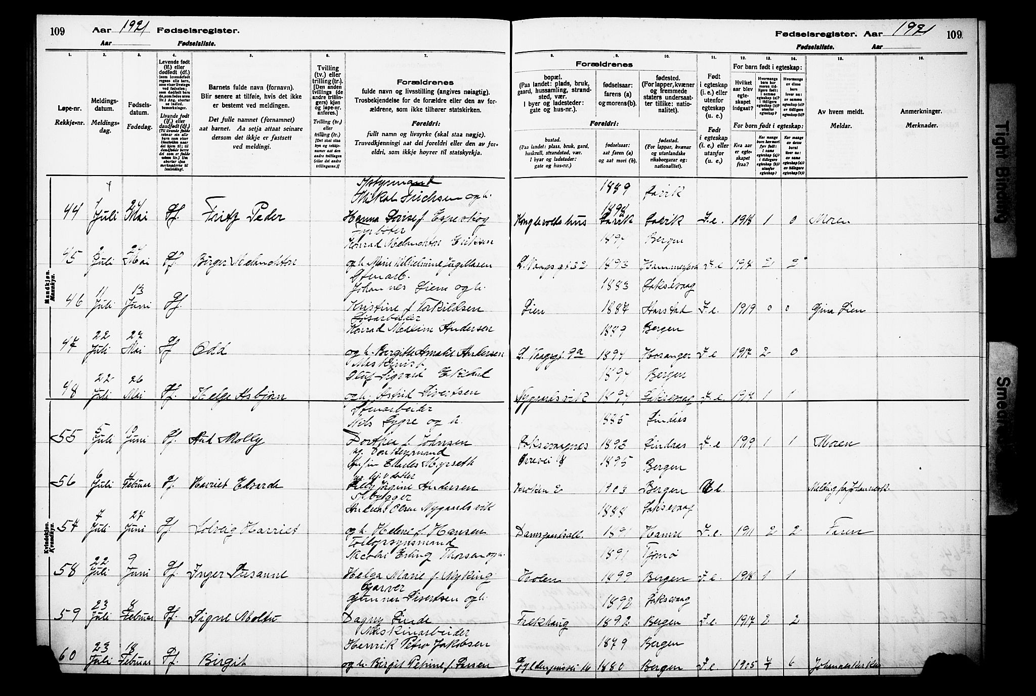 Laksevåg Sokneprestembete, AV/SAB-A-76501/I/Id/L00A1: Birth register no. A 1, 1916-1926, p. 109