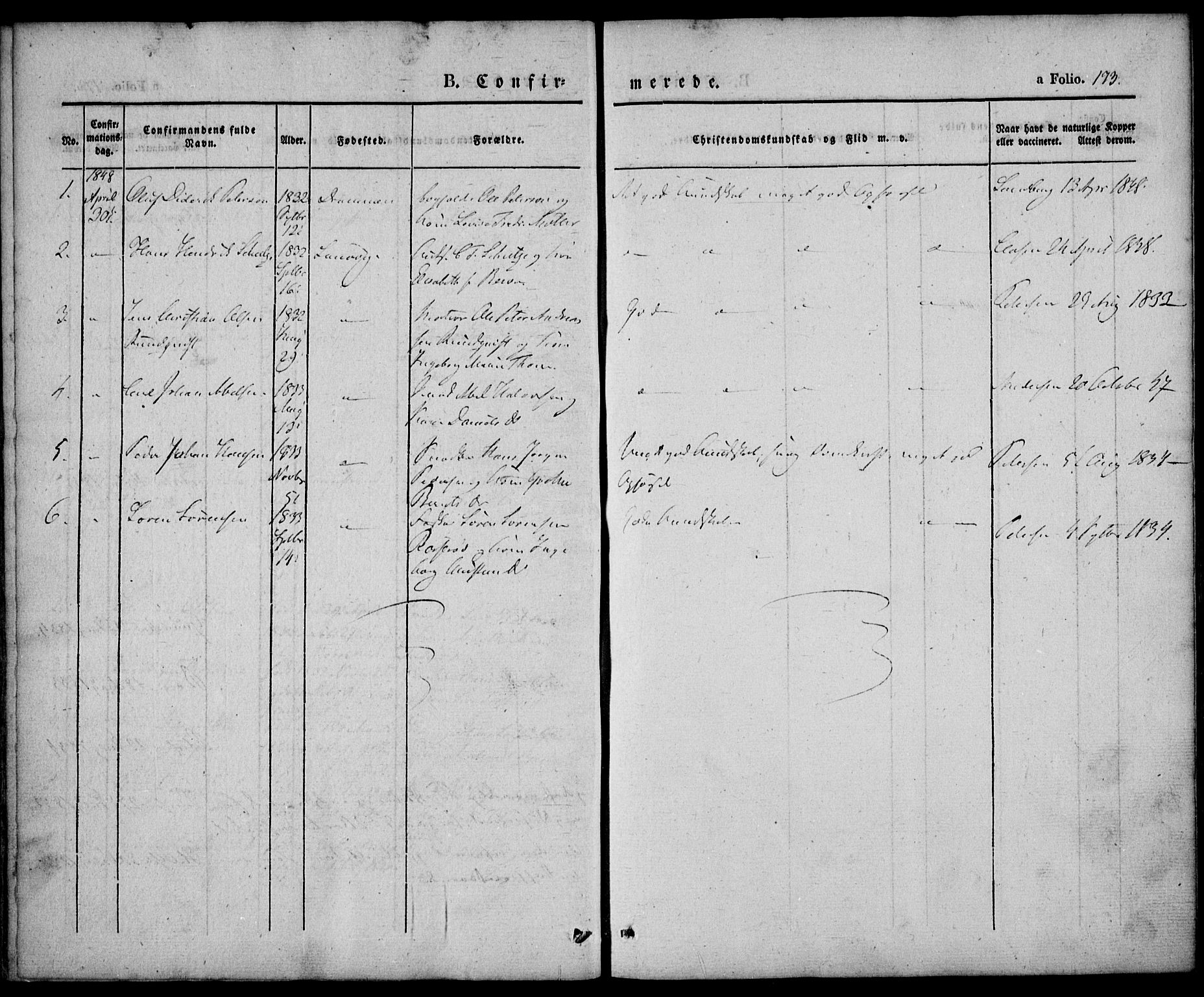 Larvik kirkebøker, AV/SAKO-A-352/F/Fb/L0003: Parish register (official) no. II 3, 1842-1856, p. 173