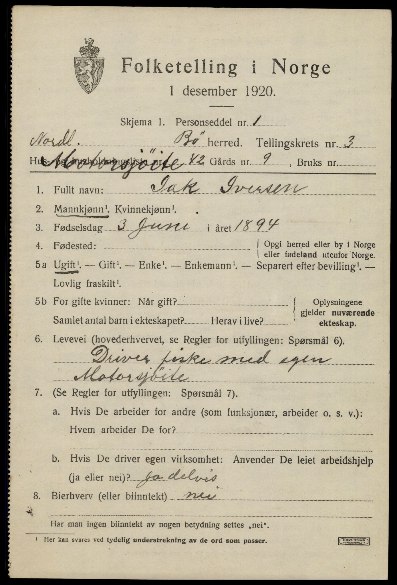 SAT, 1920 census for Bø, 1920, p. 3172