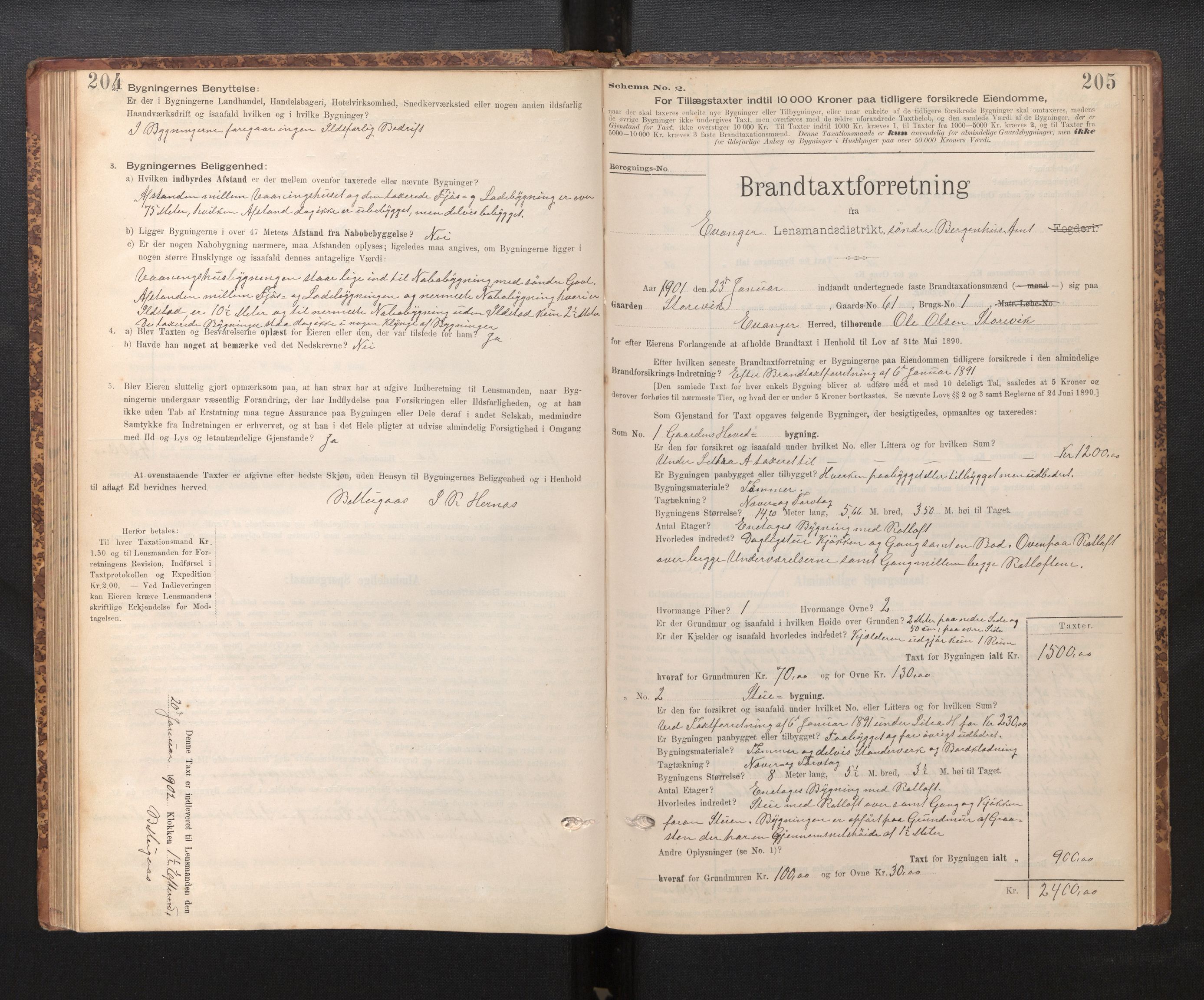 Lensmannen i Evanger, SAB/A-31701/0012/L0005: Branntakstprotokoll, skjematakst, 1895-1935, p. 204-205