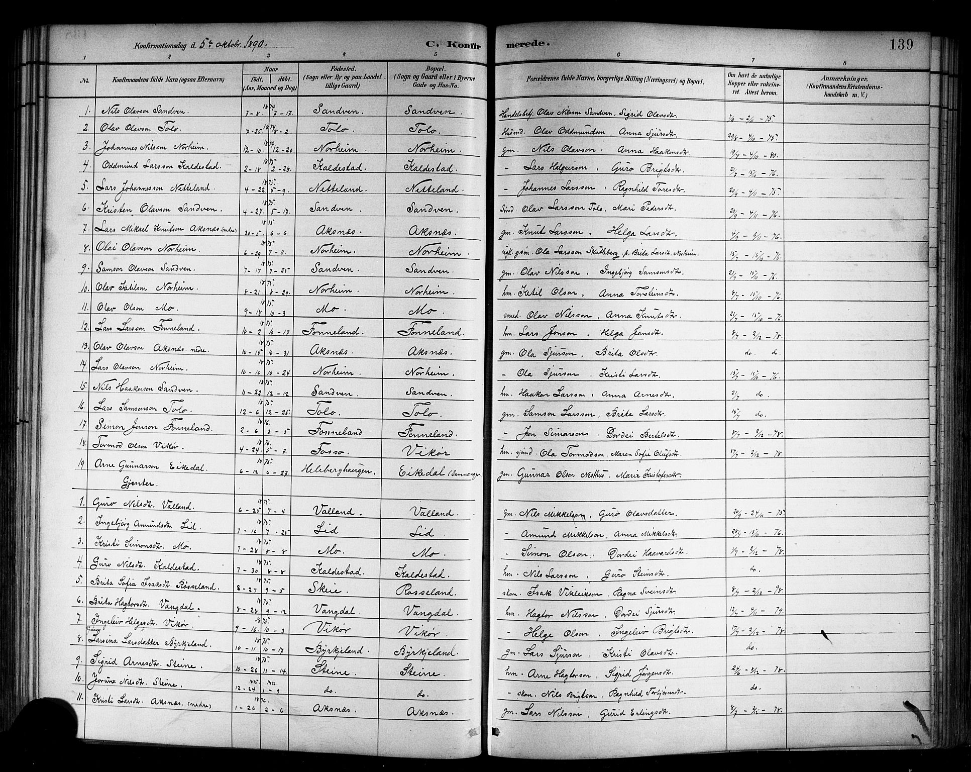 Kvam sokneprestembete, SAB/A-76201/H/Hab: Parish register (copy) no. B 3, 1884-1916, p. 139
