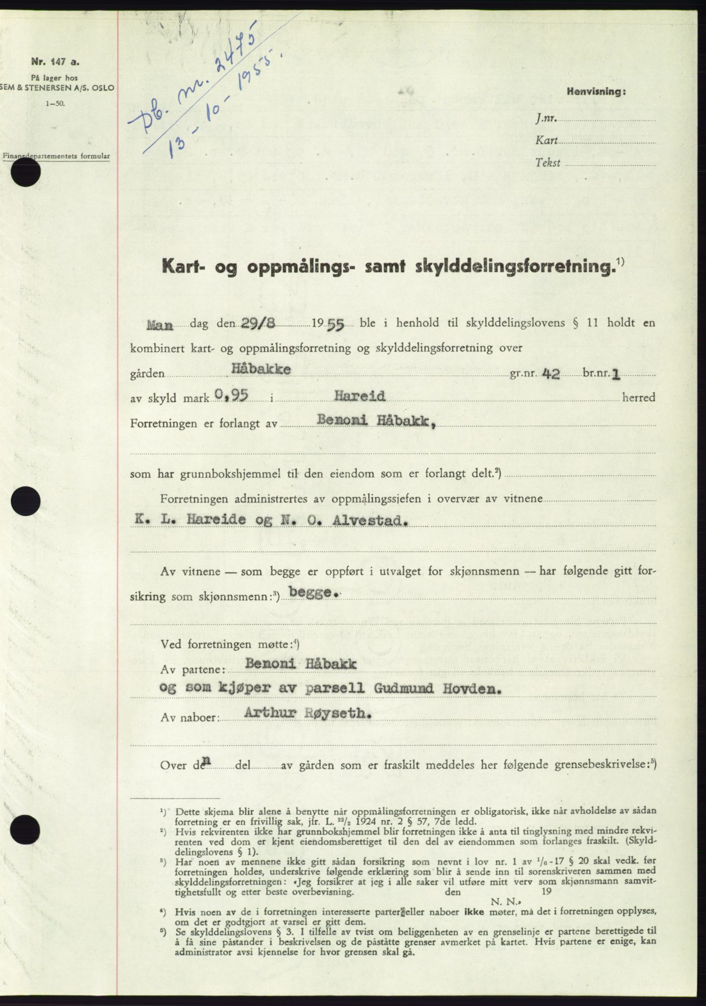 Søre Sunnmøre sorenskriveri, AV/SAT-A-4122/1/2/2C/L0102: Mortgage book no. 28A, 1955-1956, Diary no: : 2475/1955