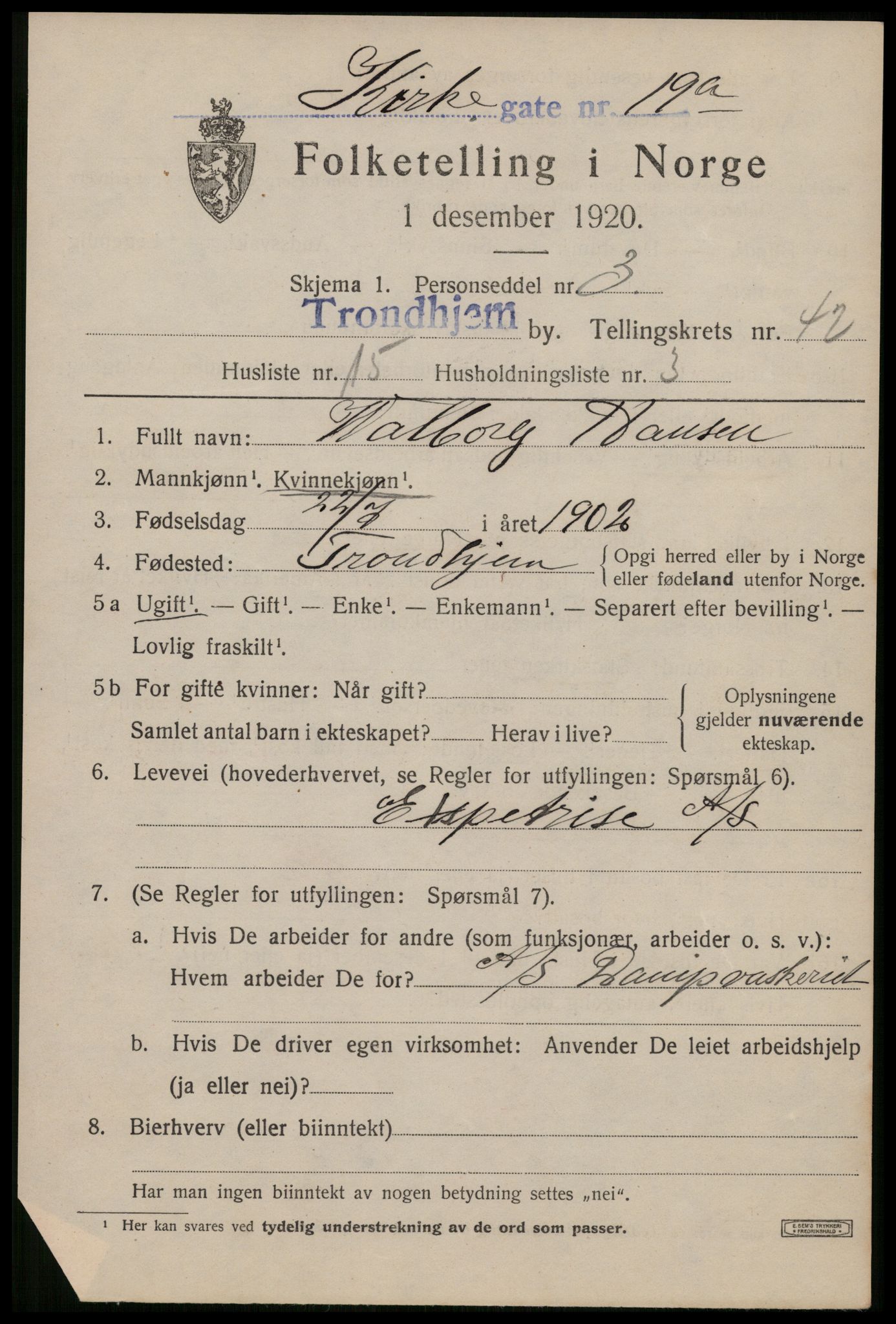 SAT, 1920 census for Trondheim, 1920, p. 92524