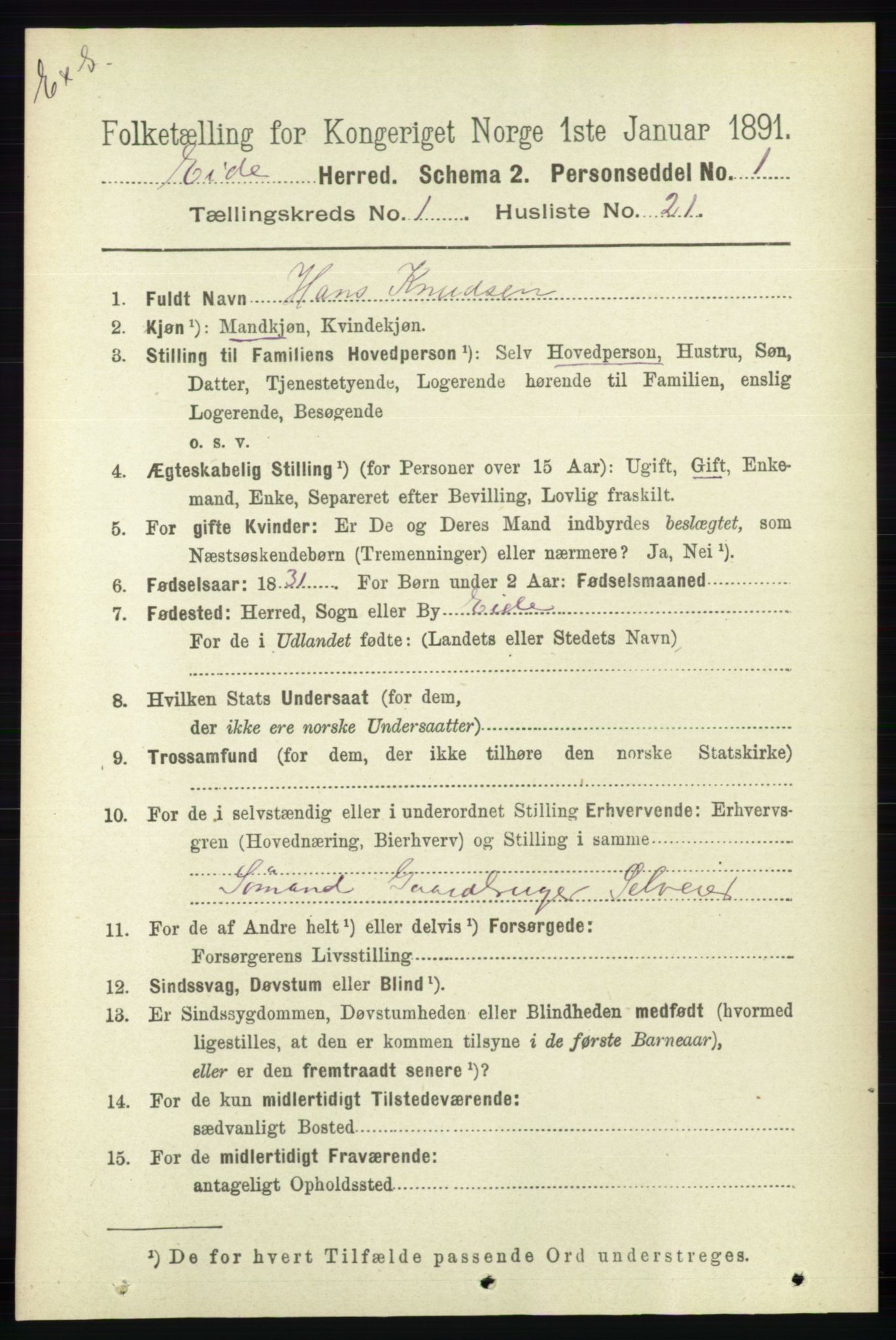 RA, Census 1891 for Nedenes amt: Gjenparter av personsedler for beslektede ektefeller, menn, 1891, p. 783
