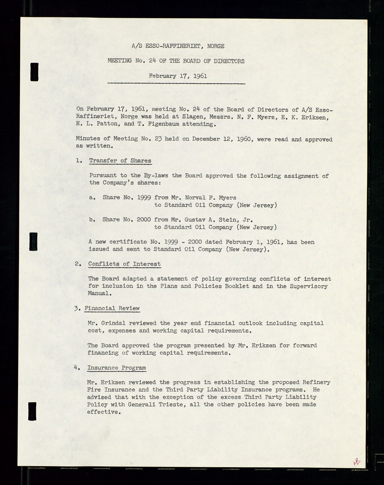 PA 1537 - A/S Essoraffineriet Norge, AV/SAST-A-101957/A/Aa/L0001/0002: Styremøter / Shareholder meetings, board meetings, by laws (vedtekter), 1957-1960, p. 115