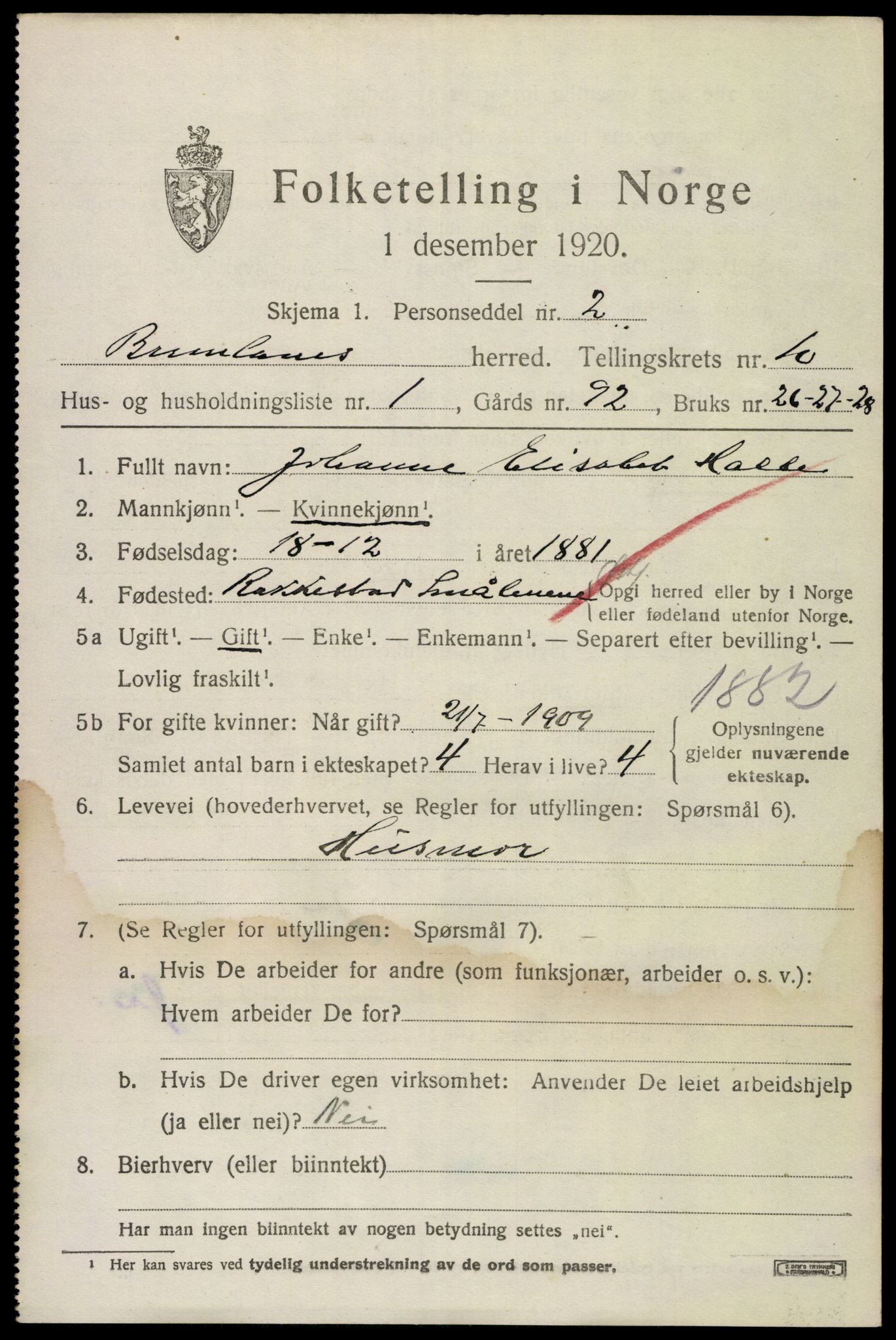 SAKO, 1920 census for Brunlanes, 1920, p. 8609