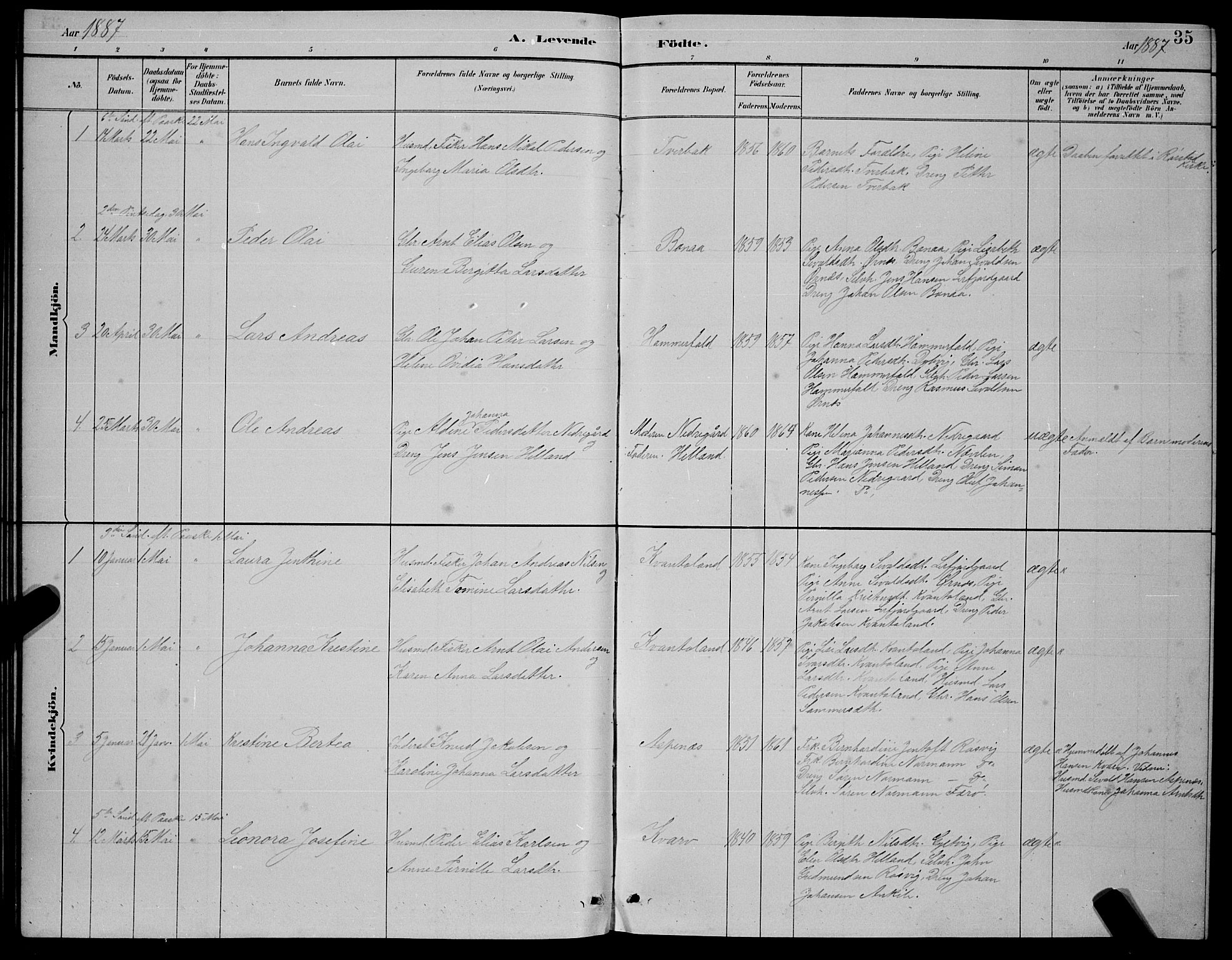 Ministerialprotokoller, klokkerbøker og fødselsregistre - Nordland, AV/SAT-A-1459/854/L0785: Parish register (copy) no. 854C01, 1883-1891, p. 35