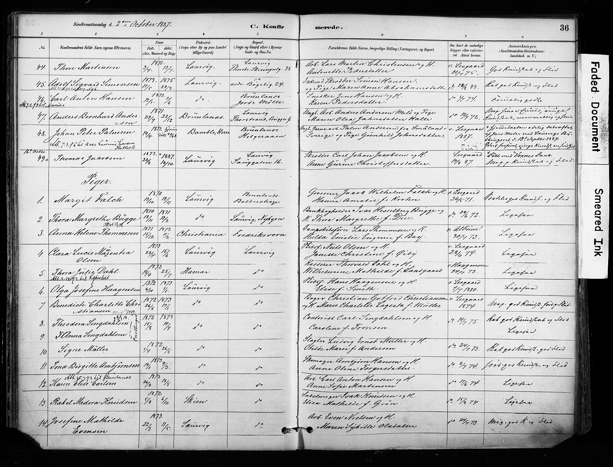 Larvik kirkebøker, AV/SAKO-A-352/F/Fa/L0008: Parish register (official) no. I 8, 1884-1902, p. 36