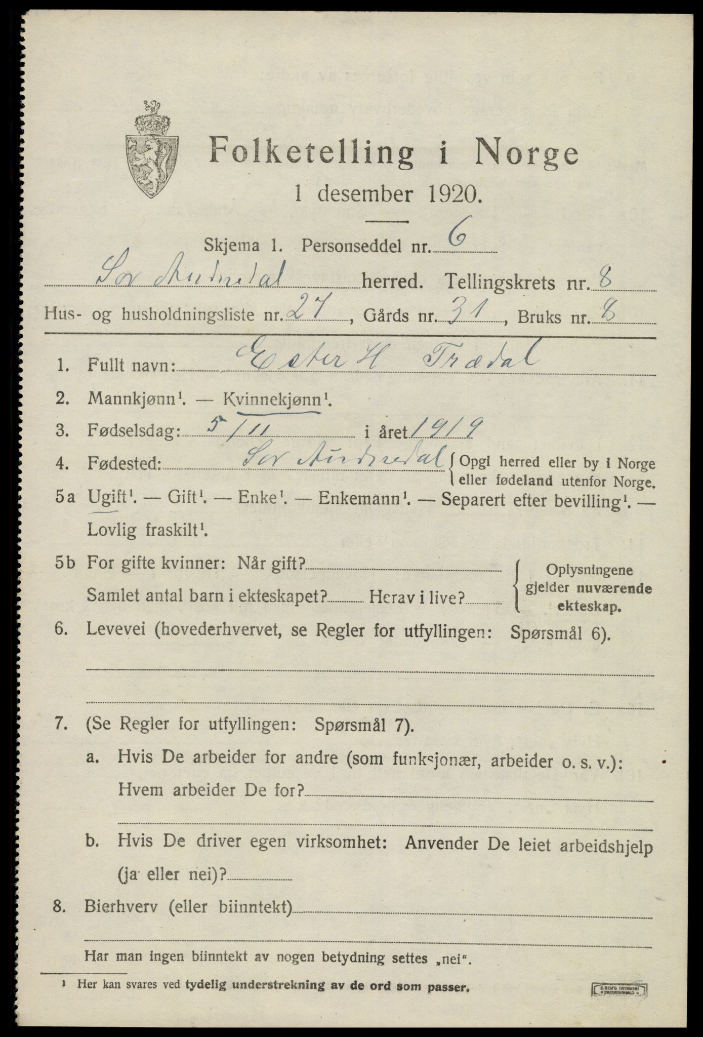 SAK, 1920 census for Sør-Audnedal, 1920, p. 3445