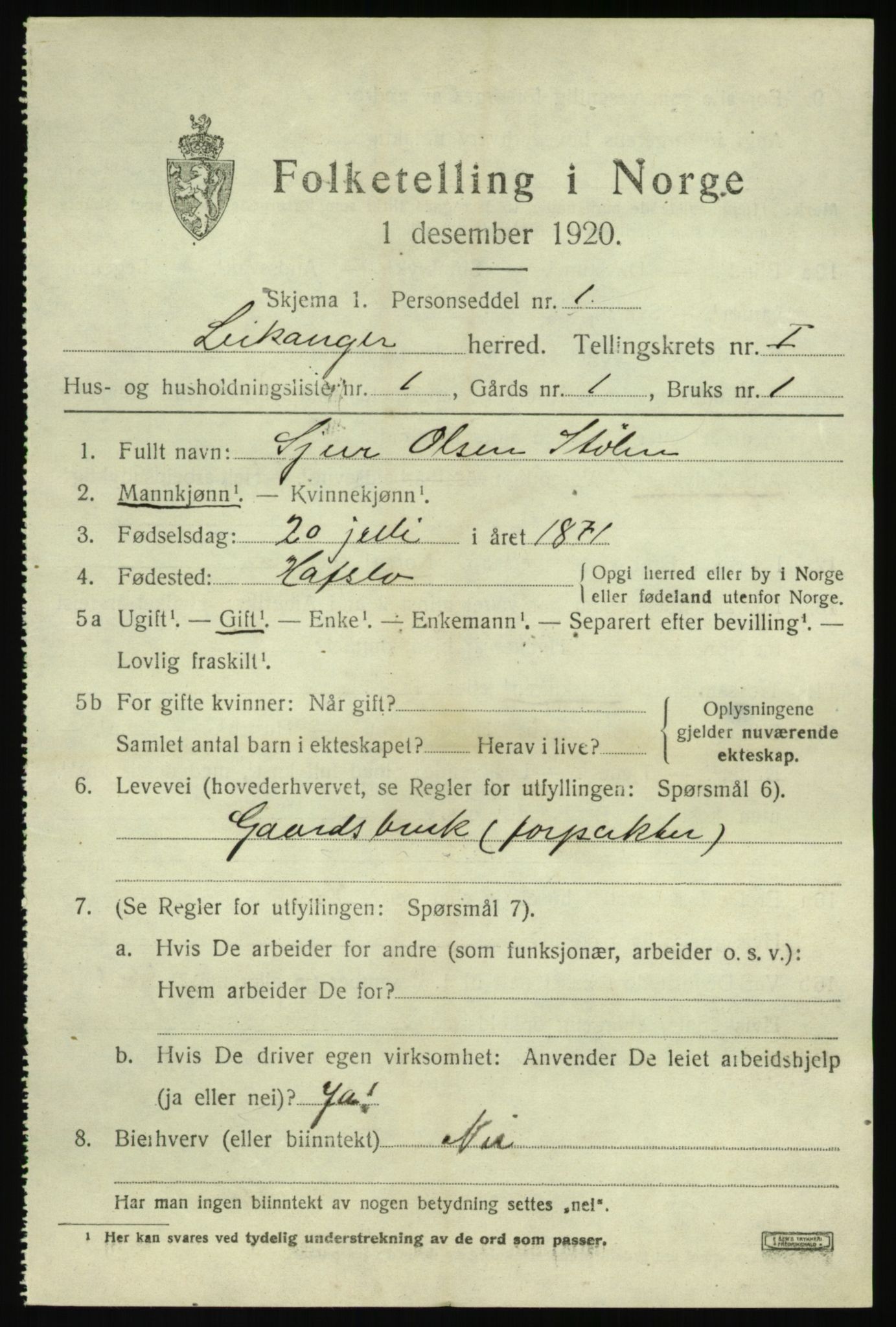 SAB, 1920 census for Leikanger, 1920, p. 946