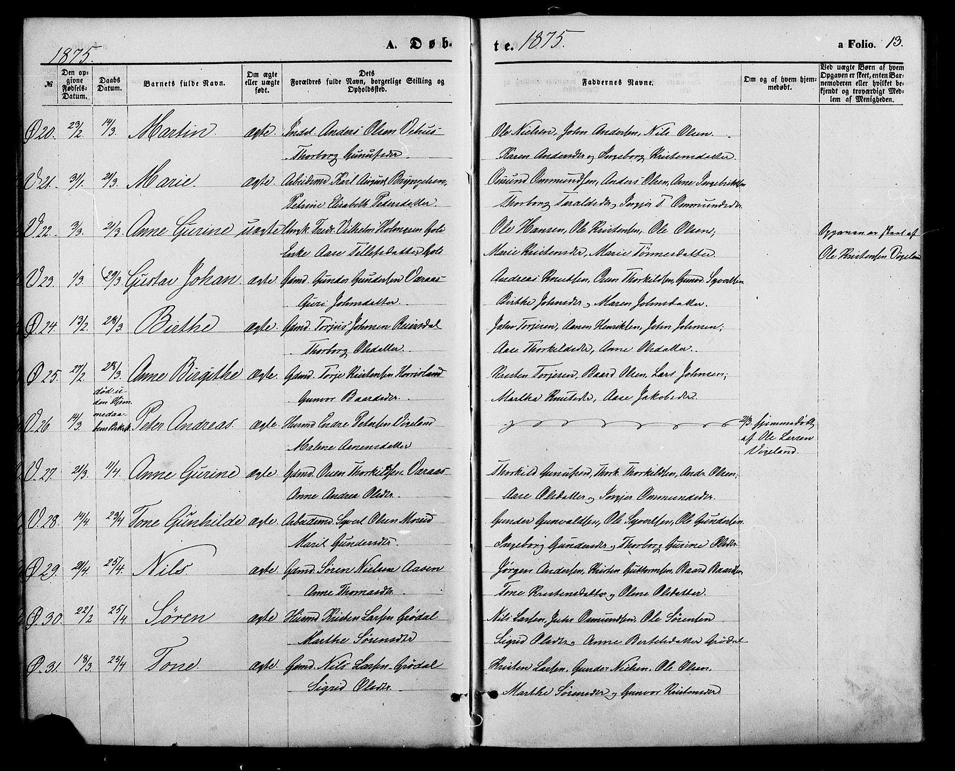 Vennesla sokneprestkontor, AV/SAK-1111-0045/Fa/Fac/L0008: Parish register (official) no. A 8, 1874-1883, p. 13