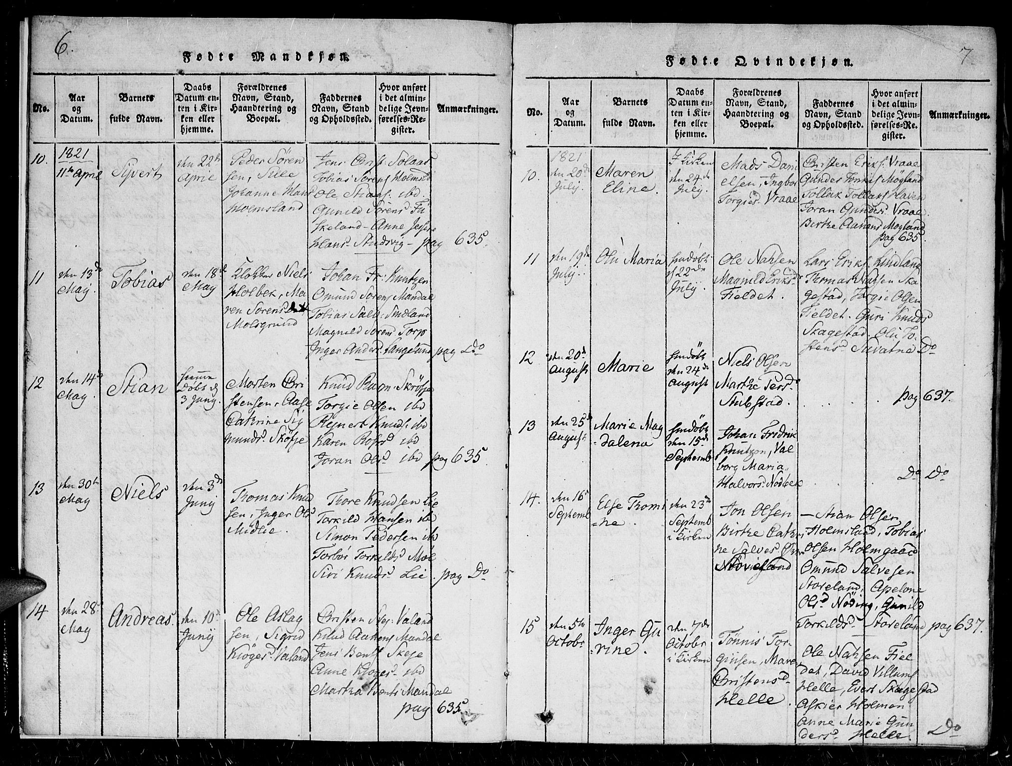 Holum sokneprestkontor, AV/SAK-1111-0022/F/Fa/Faa/L0004: Parish register (official) no. A 4, 1820-1849, p. 6-7