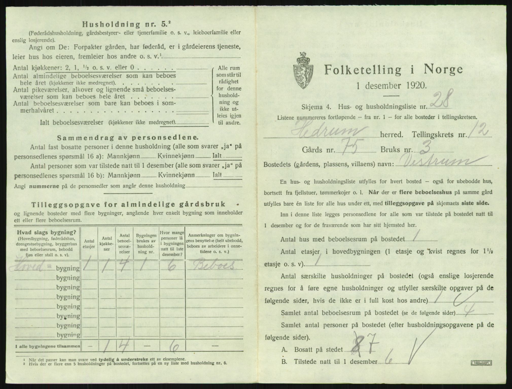 SAKO, 1920 census for Hedrum, 1920, p. 1133