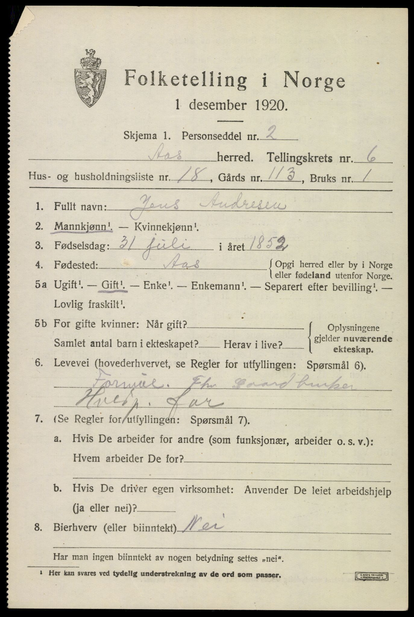 SAO, 1920 census for Ås, 1920, p. 7028