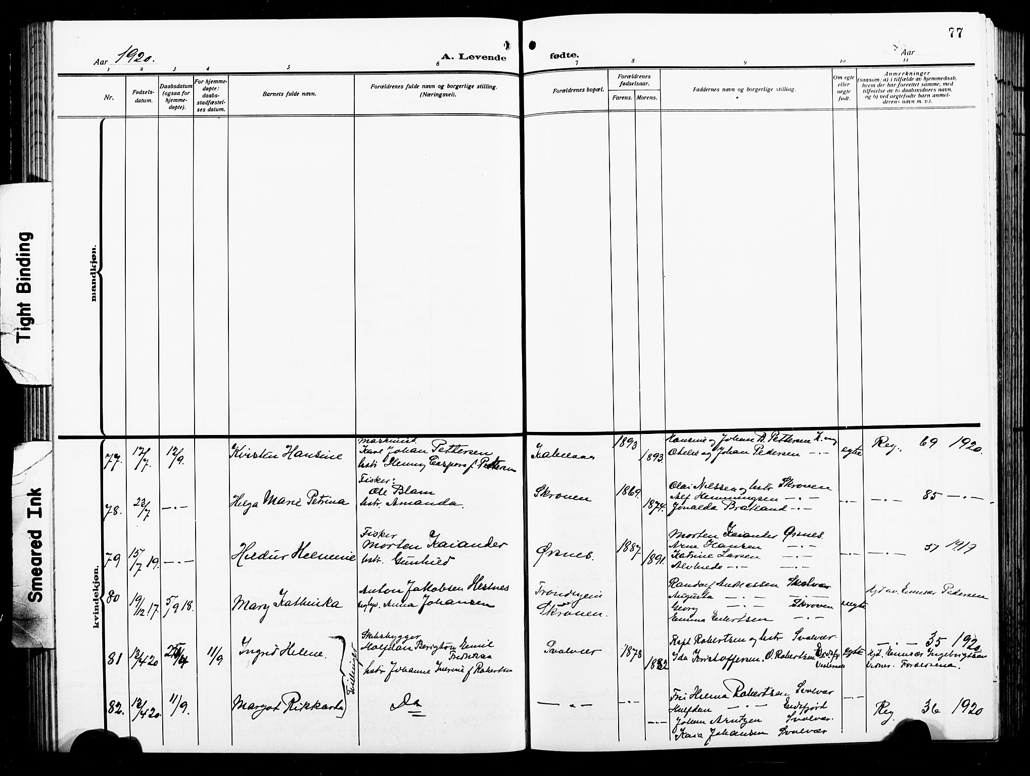 Ministerialprotokoller, klokkerbøker og fødselsregistre - Nordland, AV/SAT-A-1459/874/L1080: Parish register (copy) no. 874C09, 1915-1925, p. 77