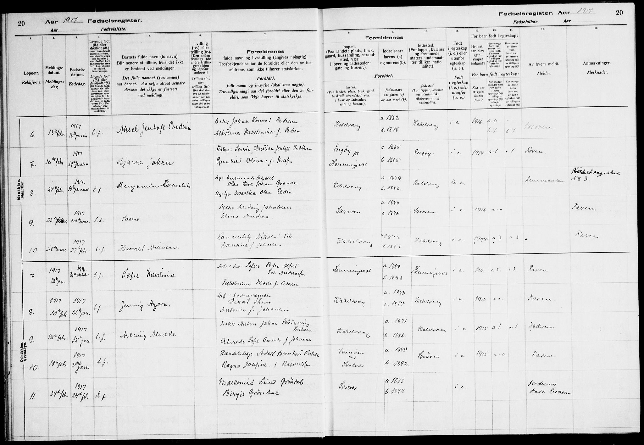 Ministerialprotokoller, klokkerbøker og fødselsregistre - Nordland, AV/SAT-A-1459/874/L1089: Birth register no. 874.II.4.1, 1916-1926, p. 20