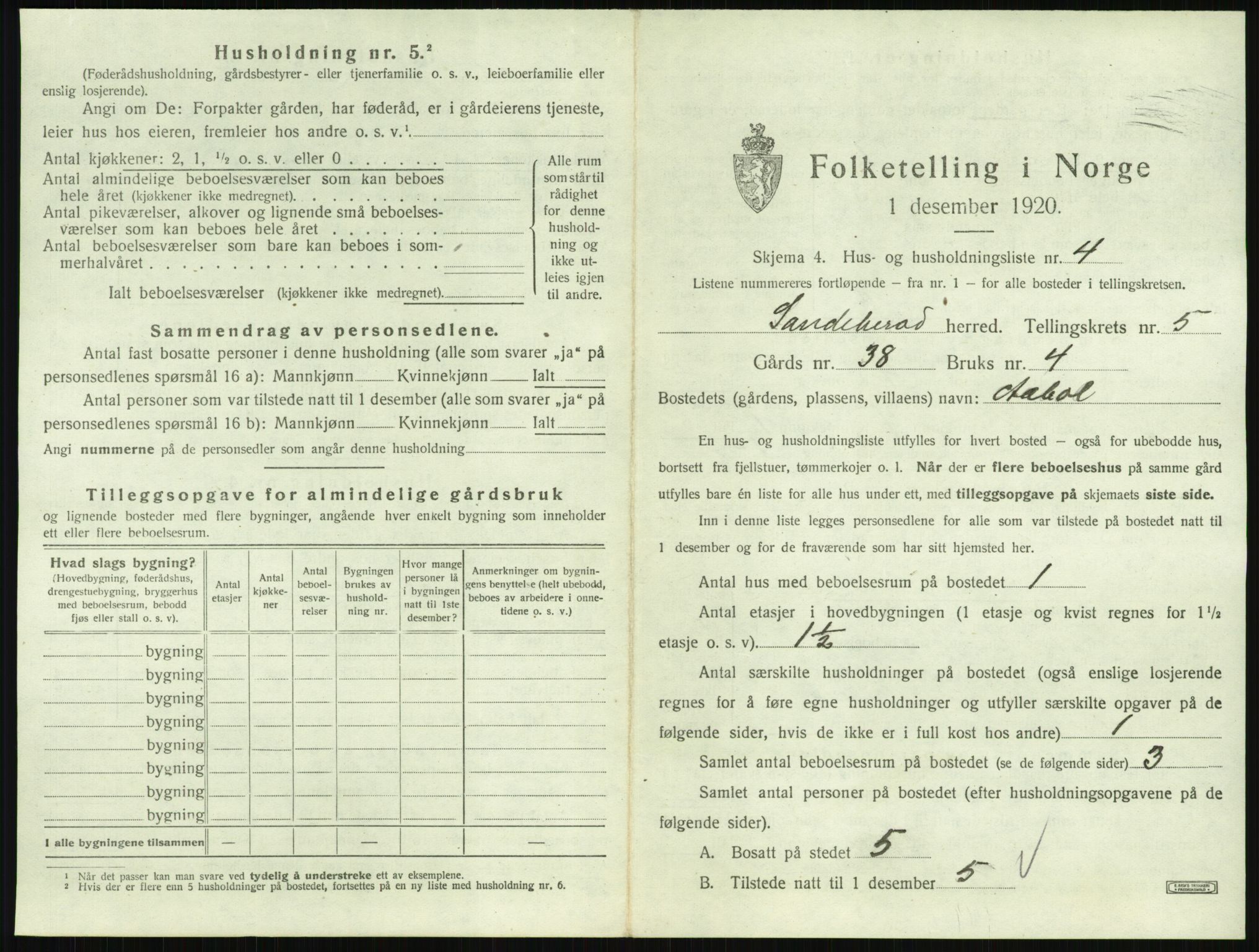 SAKO, 1920 census for Sandeherred, 1920, p. 897