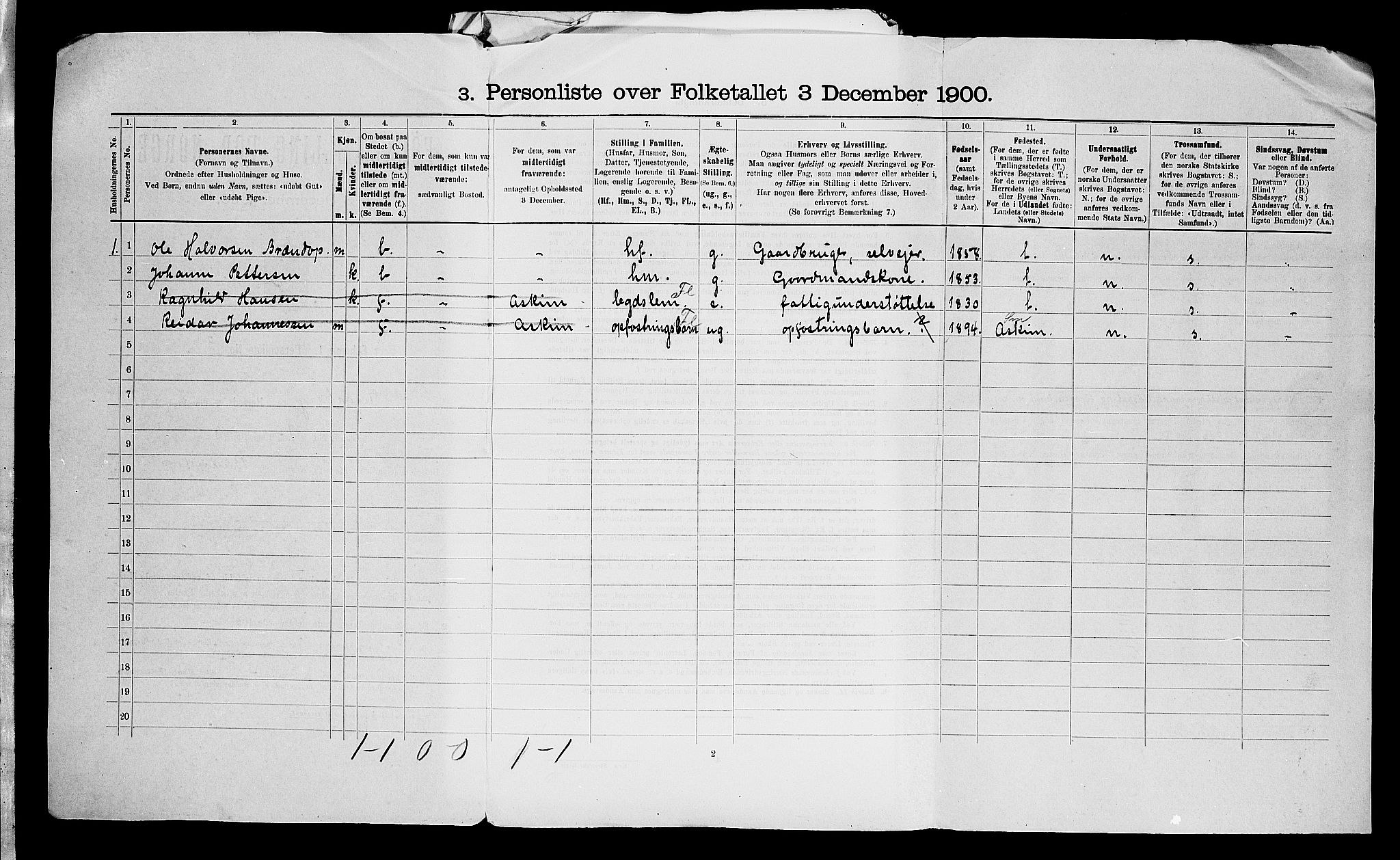 SAO, 1900 census for Eidsberg, 1900